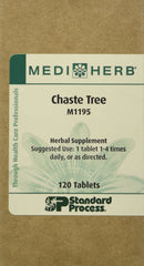 Mediherb Chaste Tree tabs close-up showing 120 tablets for daily support