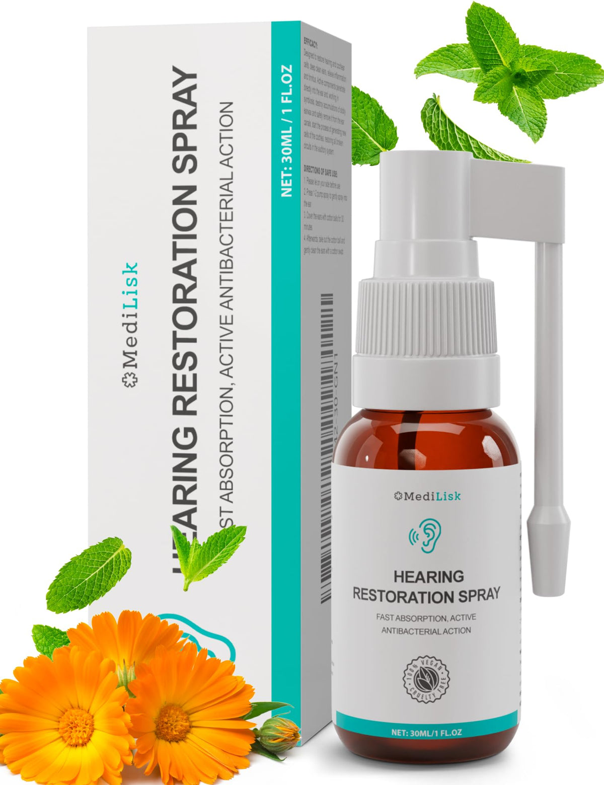 MediLisk Hearing Restoration Spray bottle demonstrates gentle ear care for daily use
