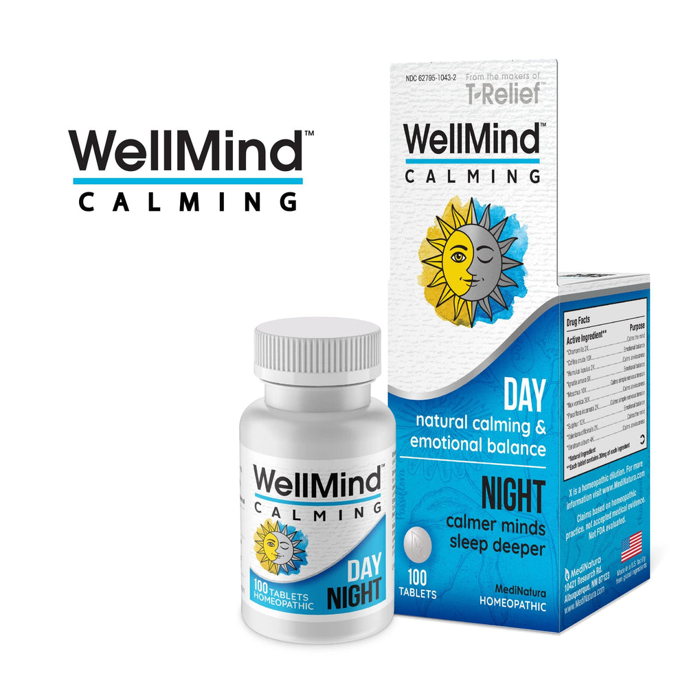 MediNatura WellMind day-and-night use imagery suggests flexible calming support.