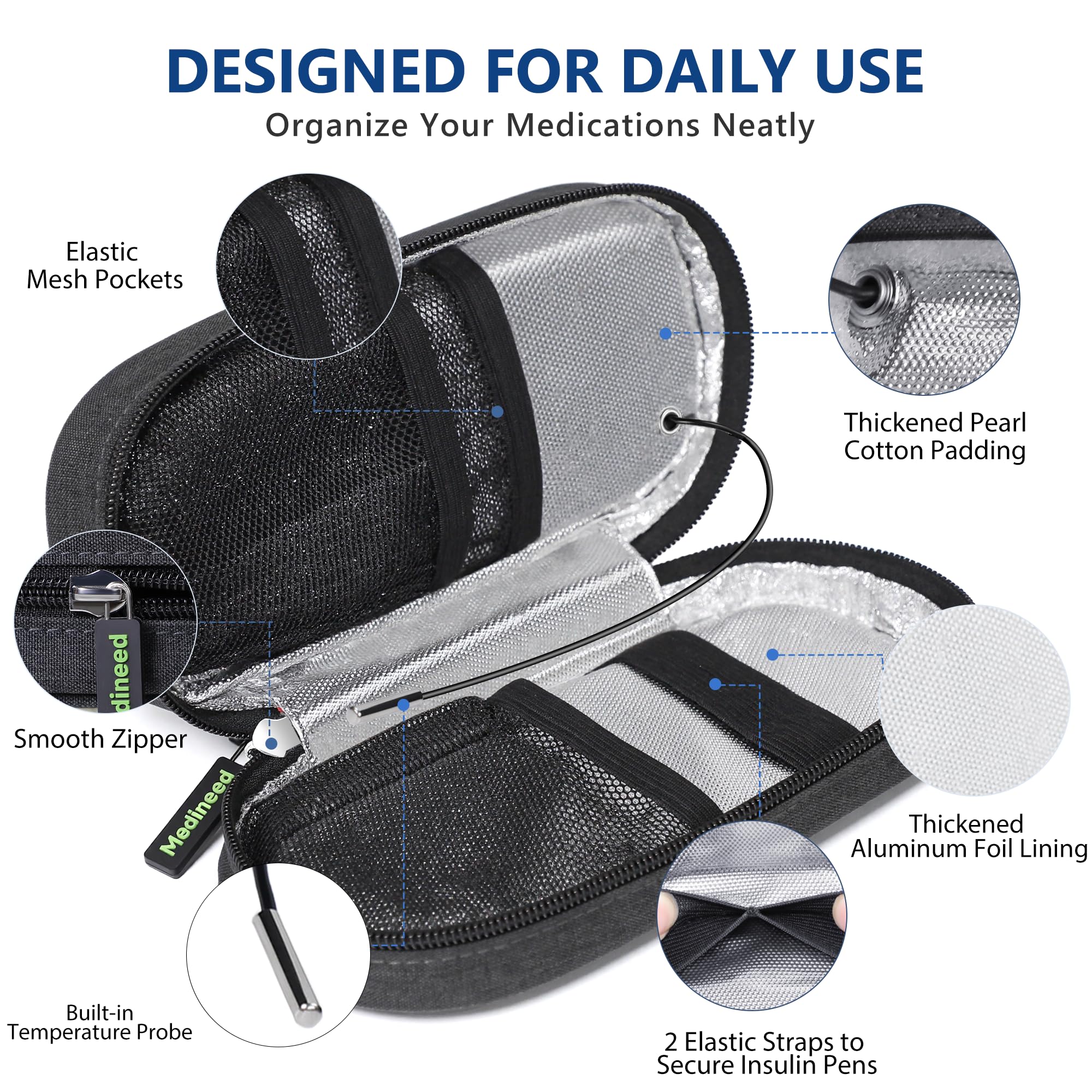 Medineed insulin cooler case compact dimensions support travel holding 3–4 pens