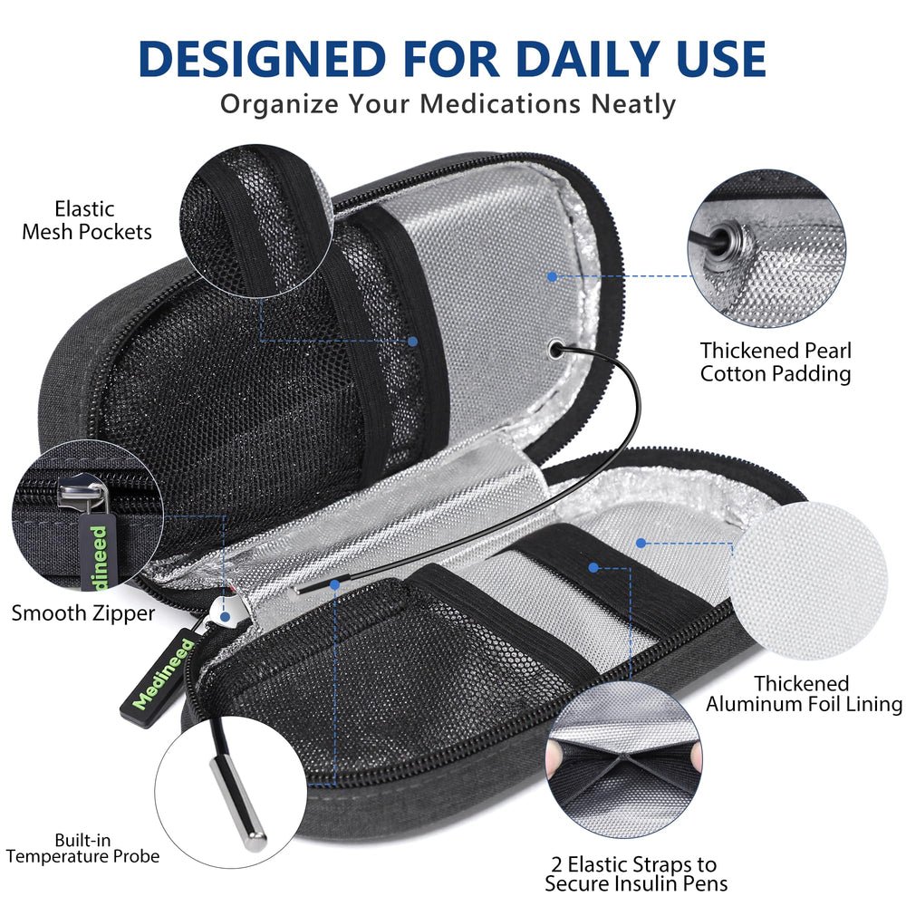 Medineed insulin cooler case compact dimensions support travel holding 3–4 pens
