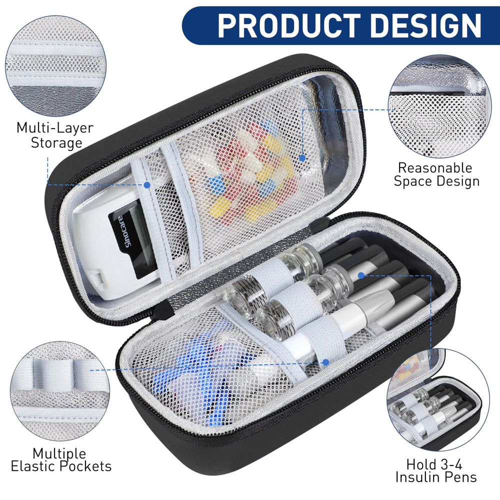 Medineed insulin cooler case elastic pockets securely hold insulin pens.