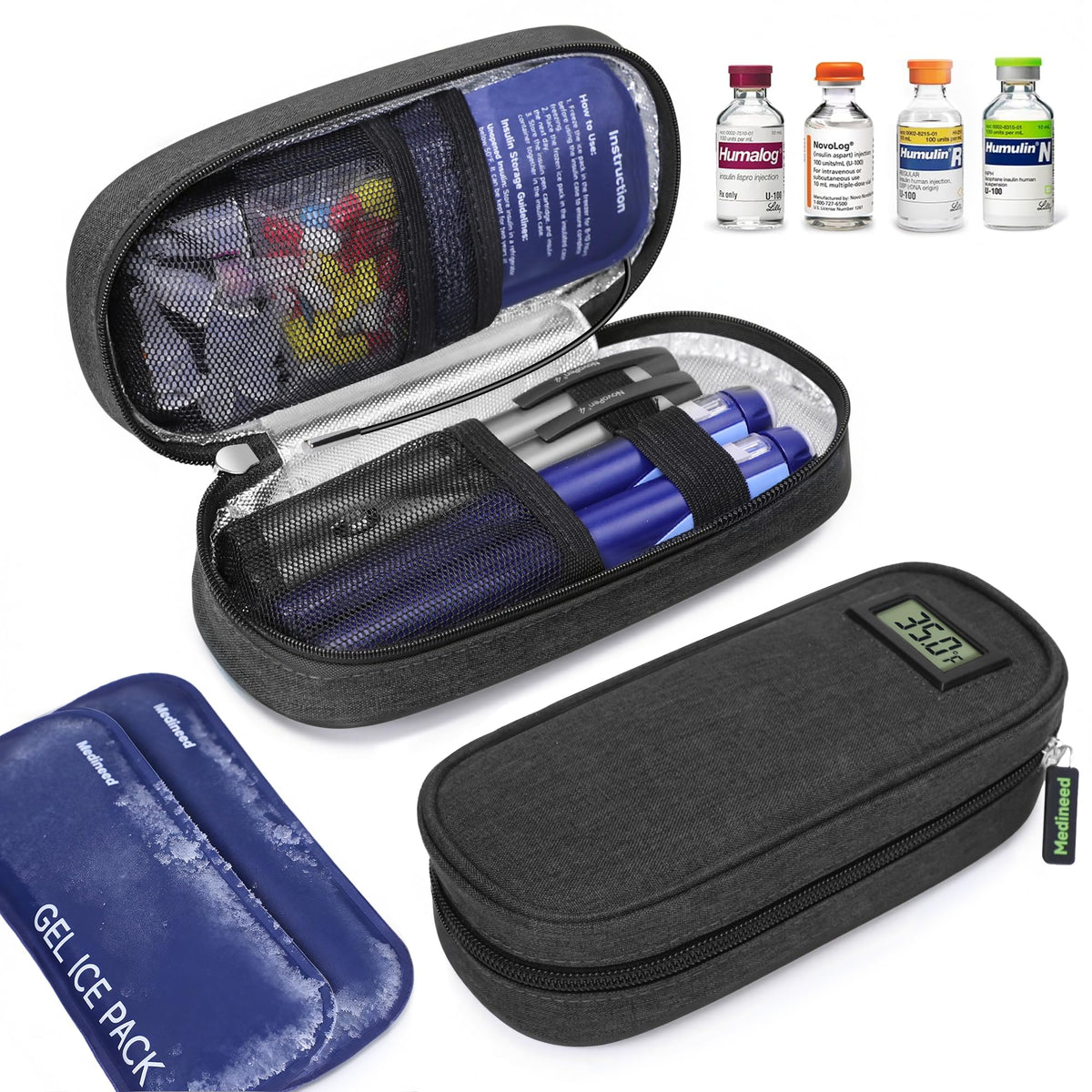 Medineed insulin cooler case with temperature display for easy monitoring on the go