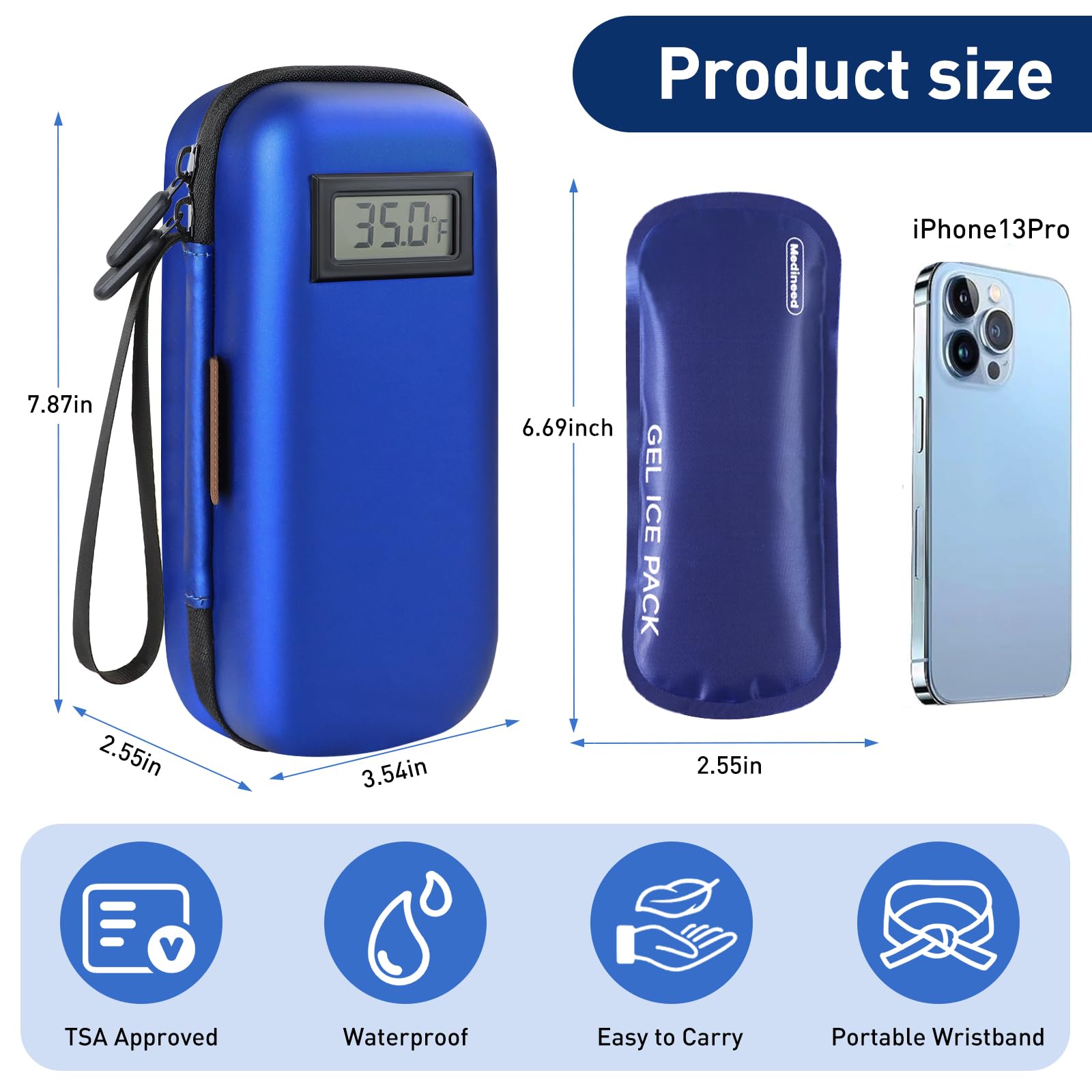 Medineed blue diabetes travel case with compact dimensions for carry-on.