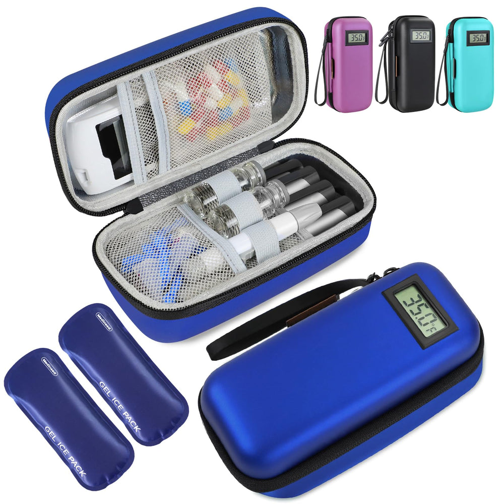 Medineed insulin cooler travel case blue with temperature display for real-time monitoring.