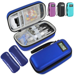 Medineed insulin cooler travel case blue with temperature display for real-time monitoring.