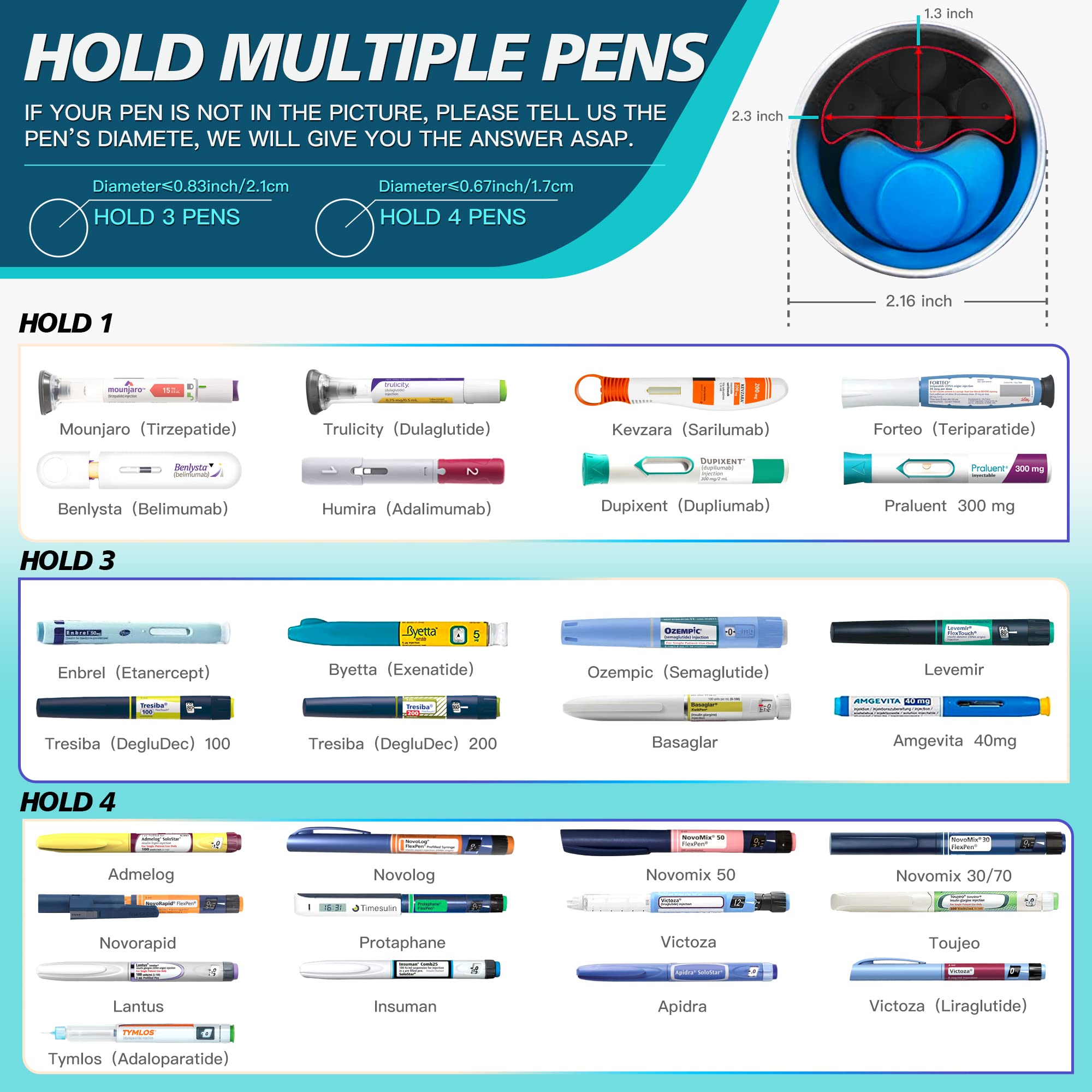 Interior capacity showing three insulin pens in Medineed case