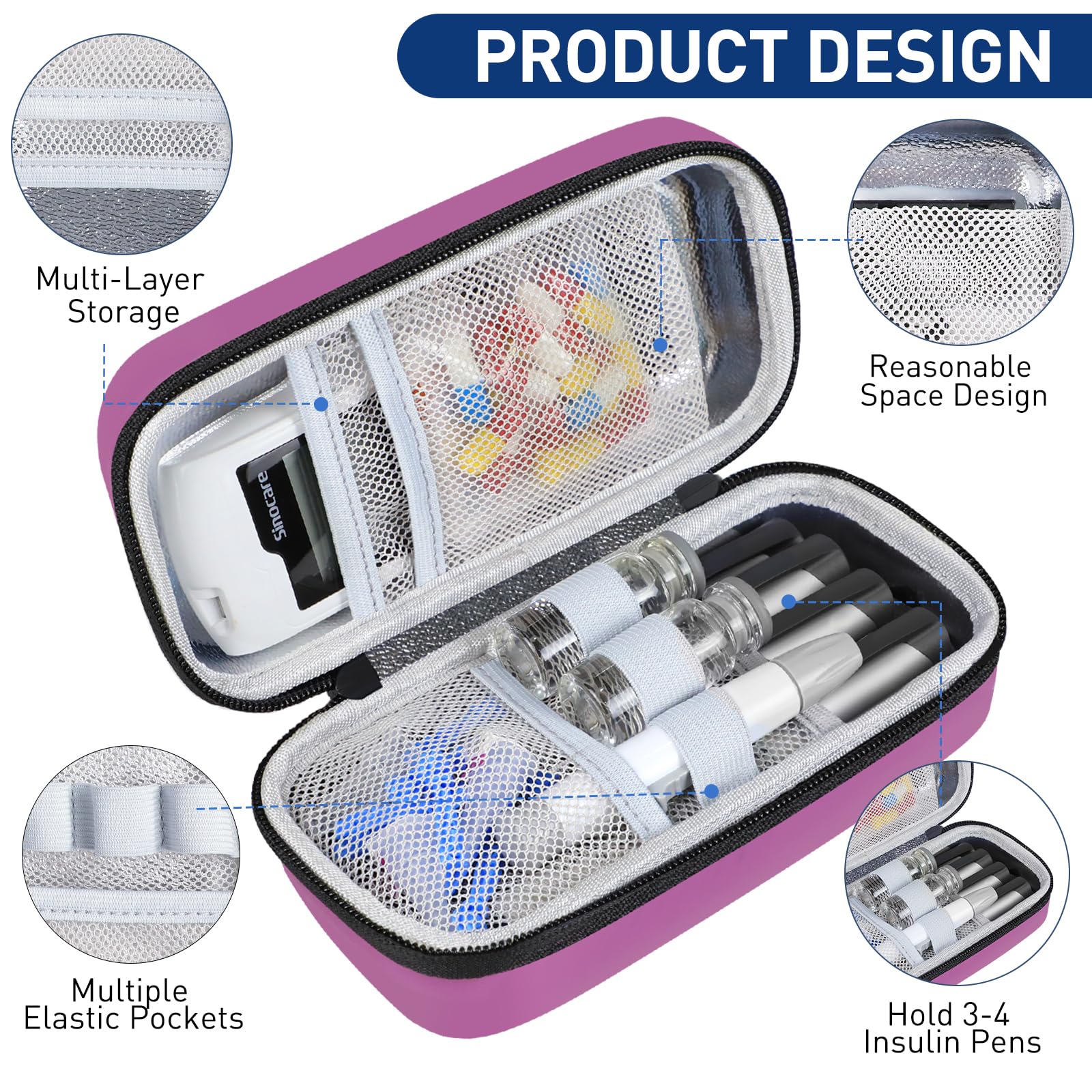 Medineed insulin cooler travel case space to store insulin pens and accessories.