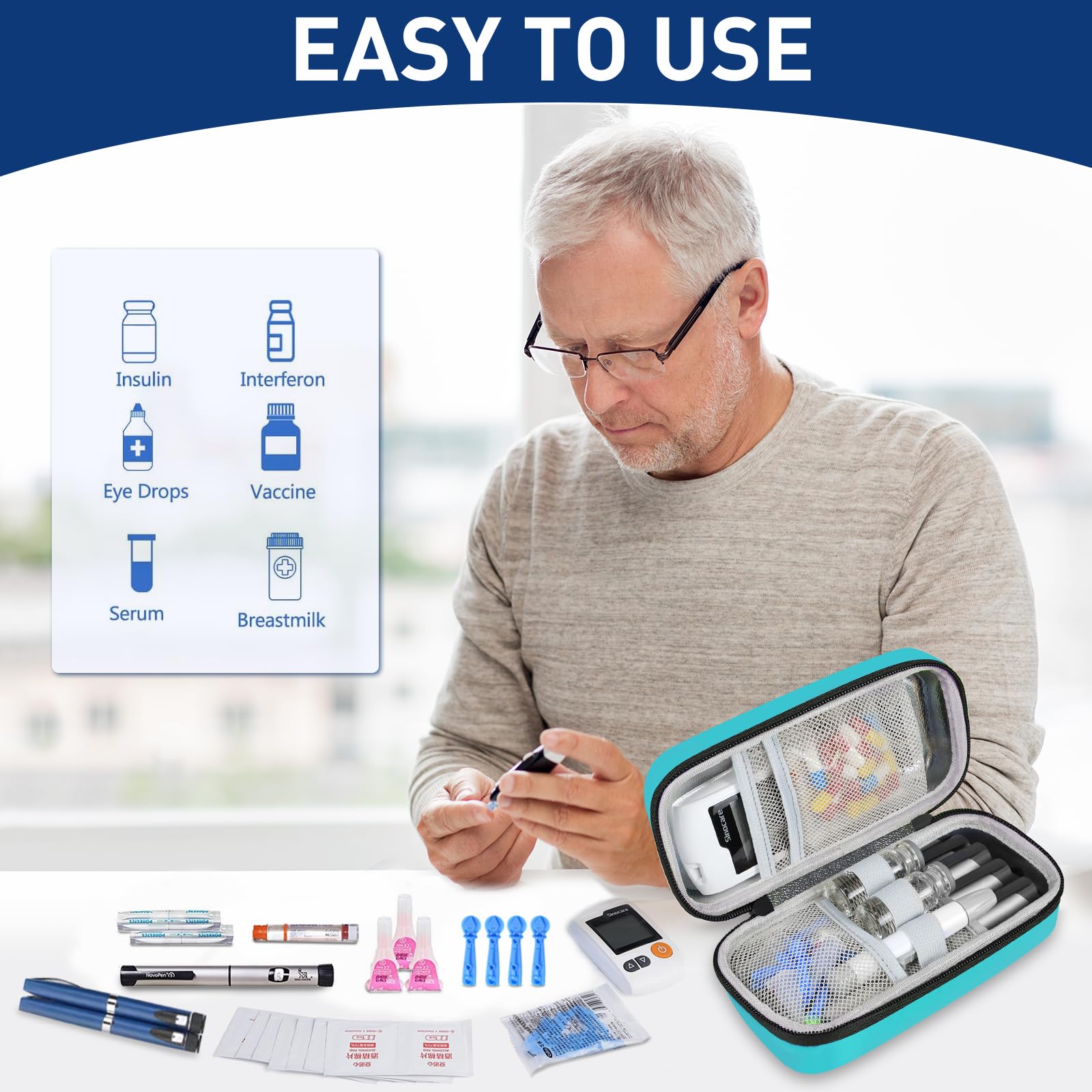 Medineed insulin cooler travel case Seafoam easy-access pockets for quick checks