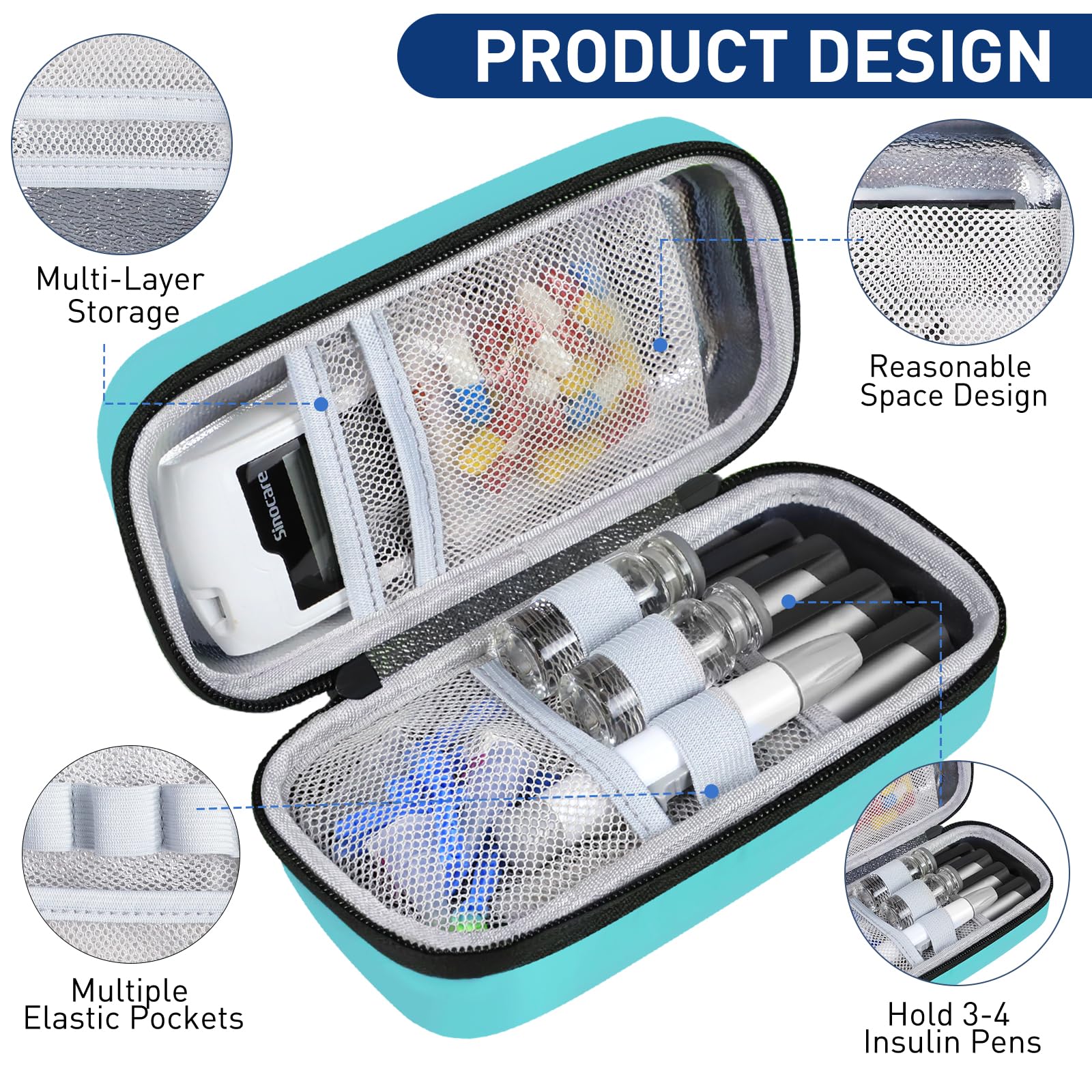 Medineed insulin cooler travel case Seafoam elastic pockets for organized supplies