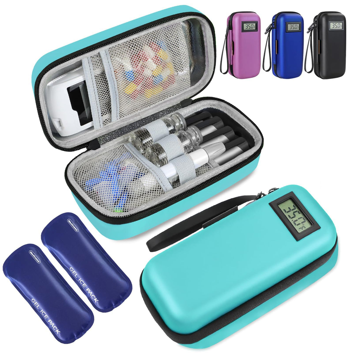 Medineed insulin cooler travel case Seafoam real-time temperature display for monitoring