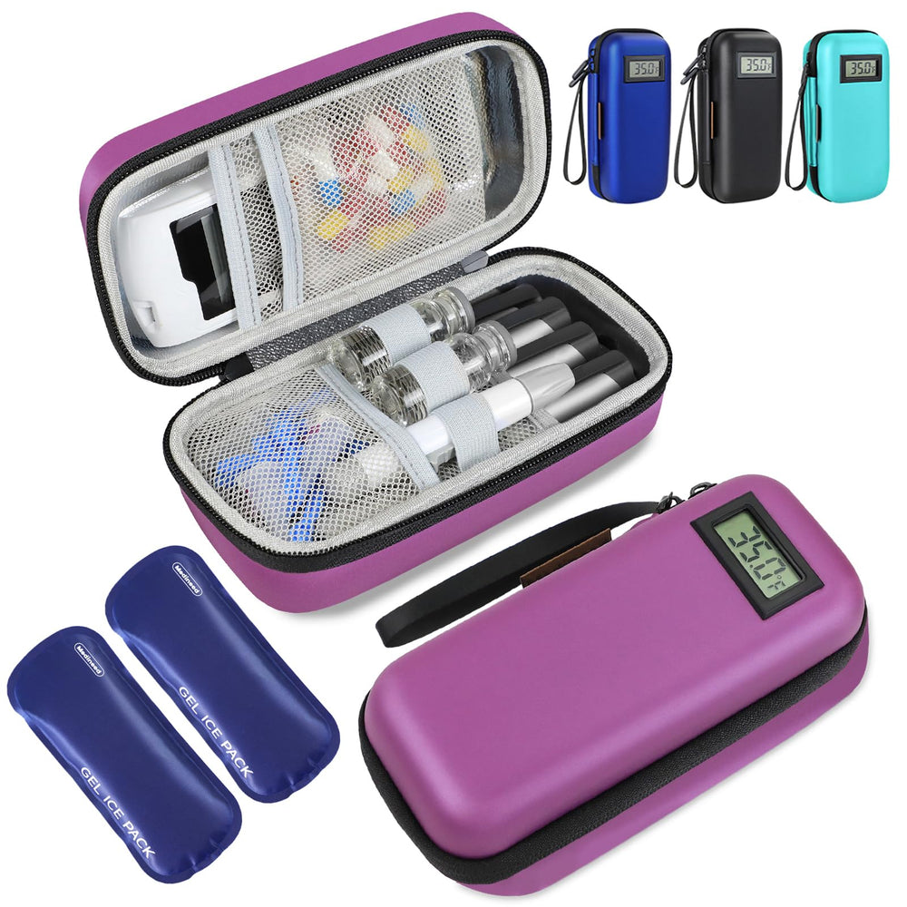 Medineed insulin cooler travel case with temperature display for on-the-go monitoring.
