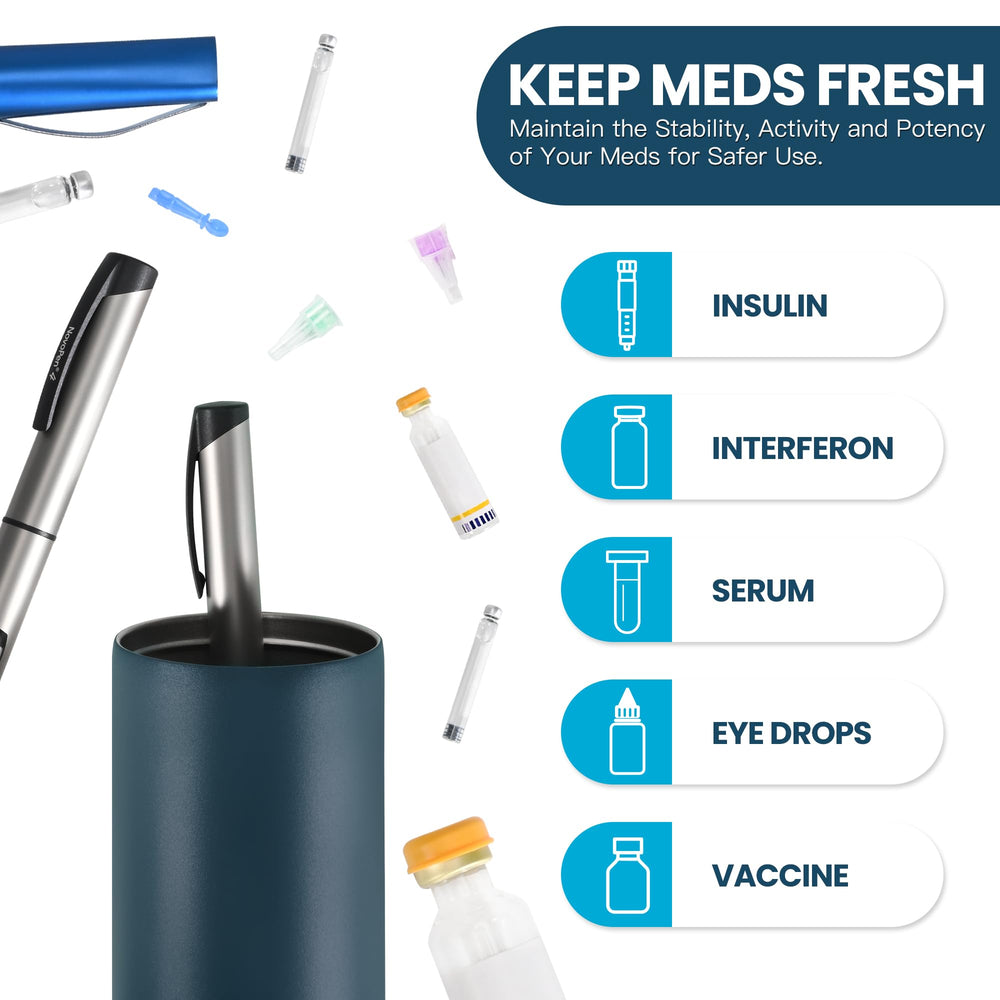 Medineed insulin cooler travel case top compartment enables quick access to small items.