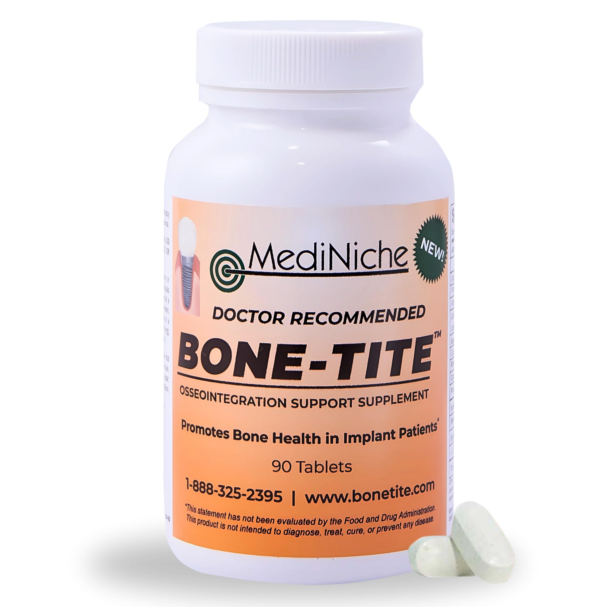 MediNiche Bone-Tite bottle on shelf showing daily dental implant support