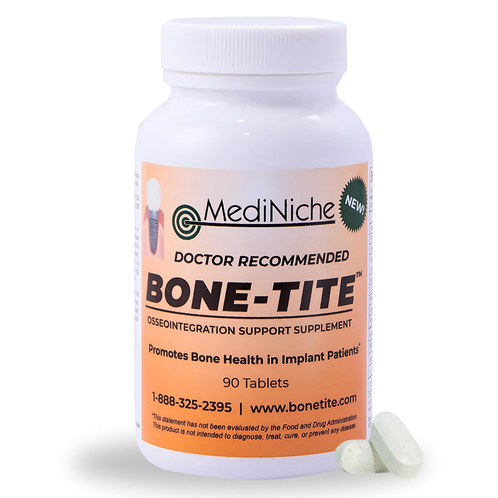 MediNiche Bone-Tite bottle on shelf showing daily dental implant support