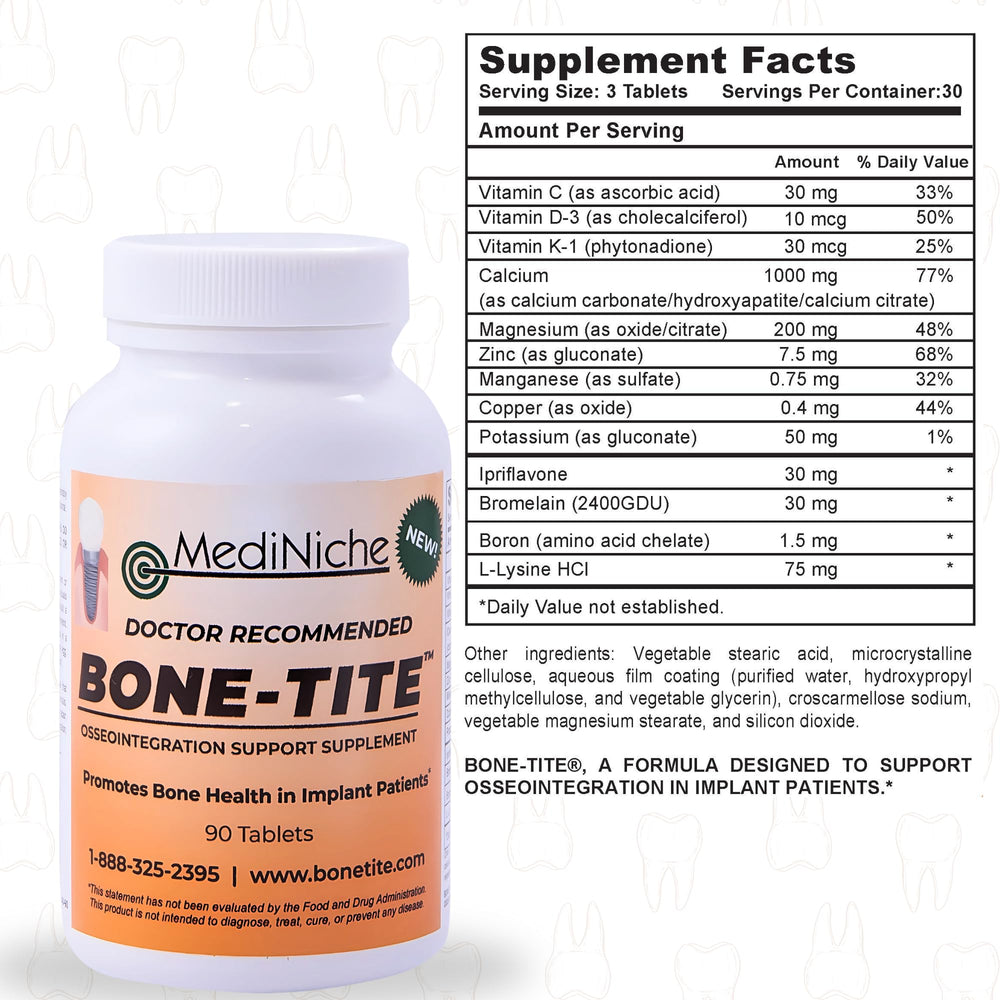Close-up of MediNiche Bone-Tite capsule details for daily use