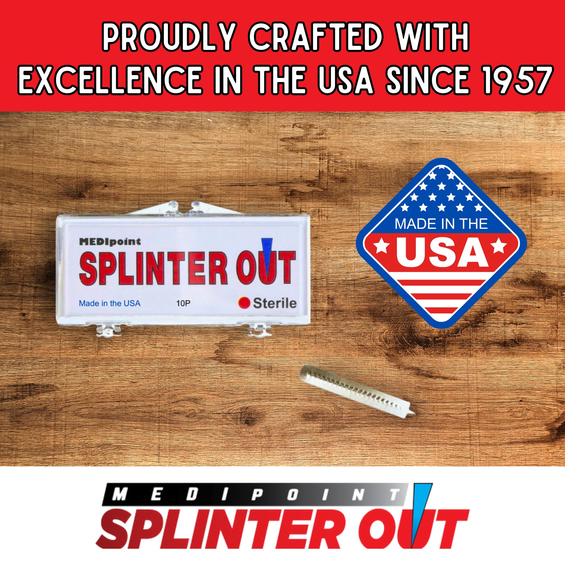 Medipoint Splinter Out 10-count pack displayed in its case for readiness.