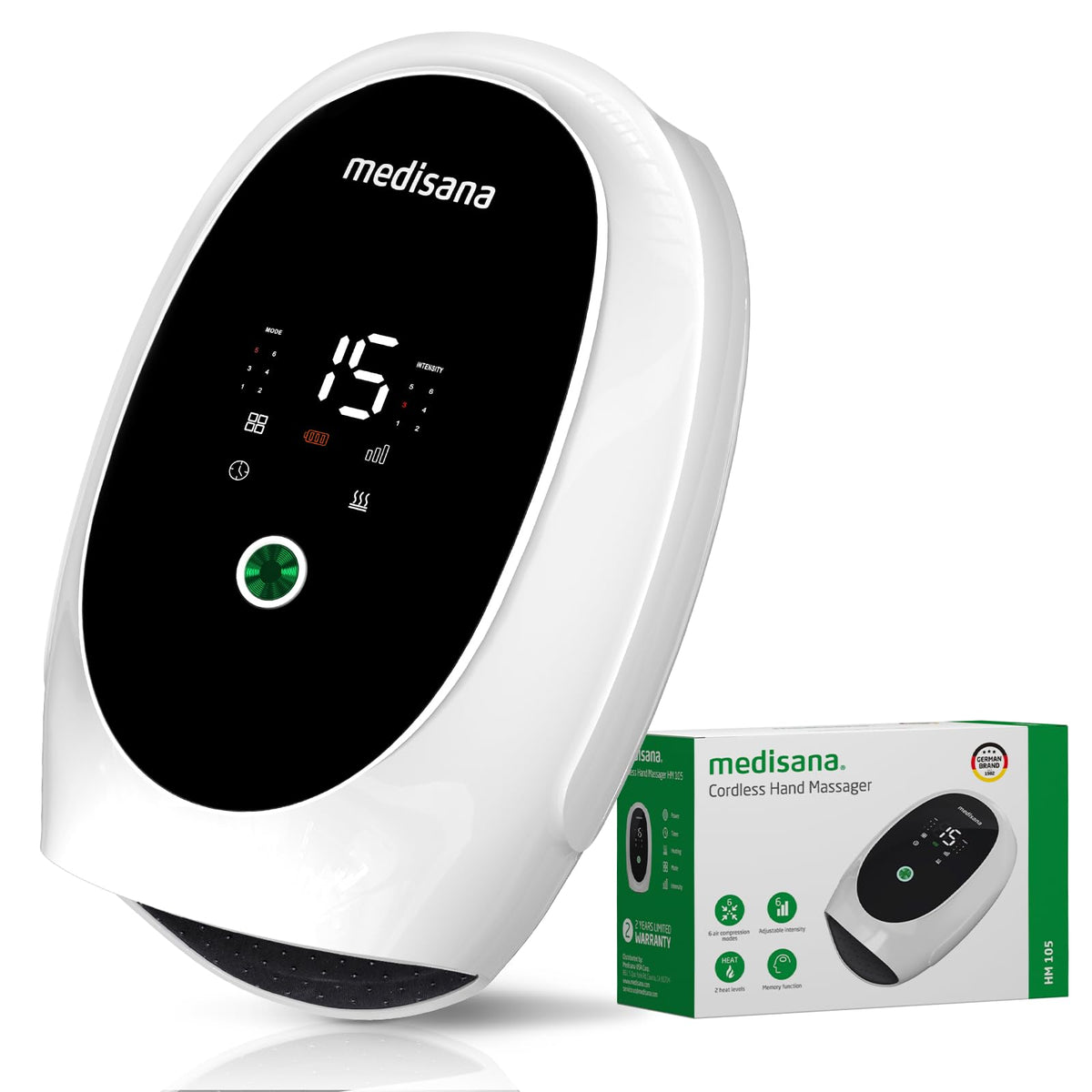 Medisana hand massager showing 360-degree finger compression for targeted relief