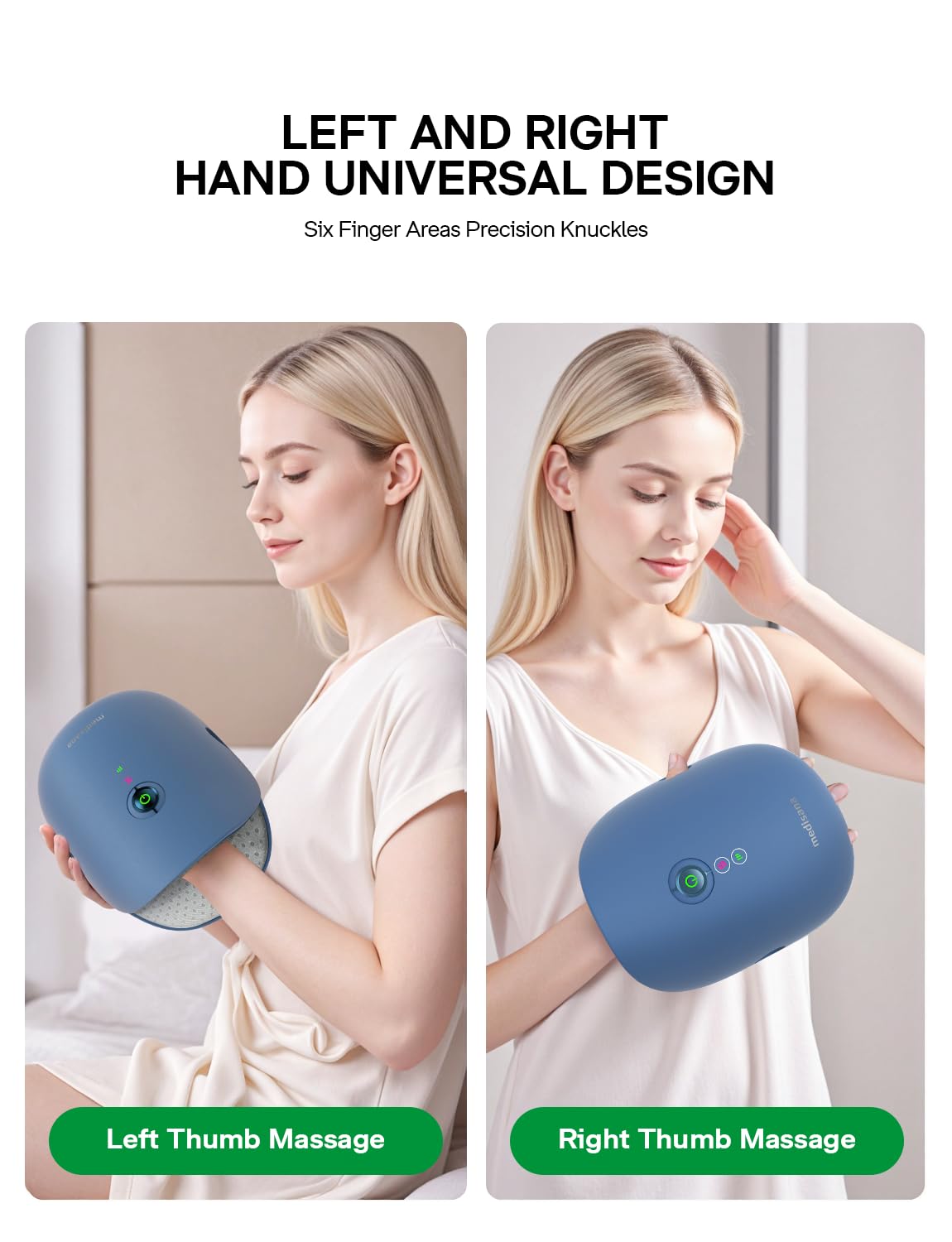 Medisana hand massager airbag closeup highlighting 360° kneading zones