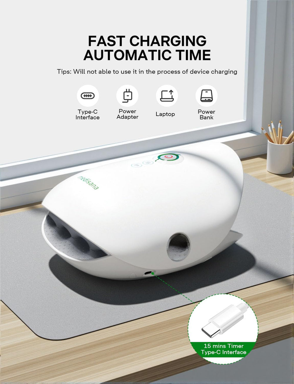 Medisana Hand Massager digital controls showing three modes and intensity levels
