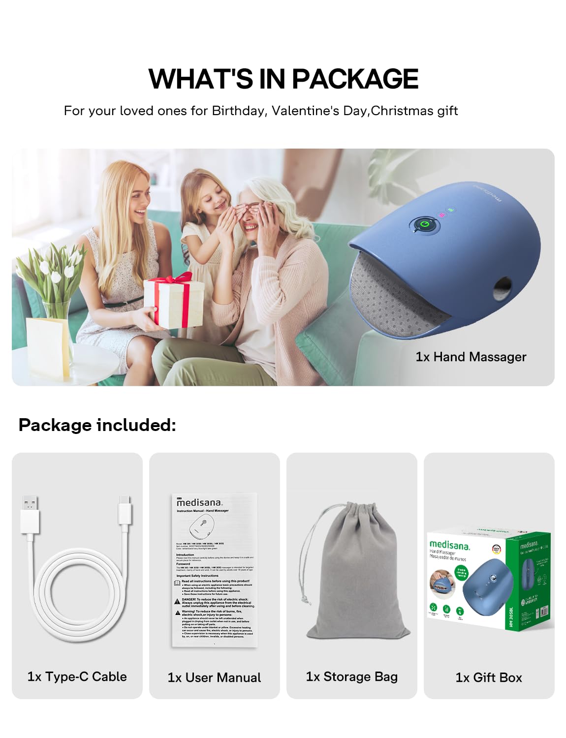 Medisana hand massager gift-ready packaging with warranty and support