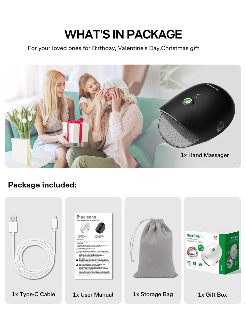 Medisana Hand Massager gift-ready design with warranty and support