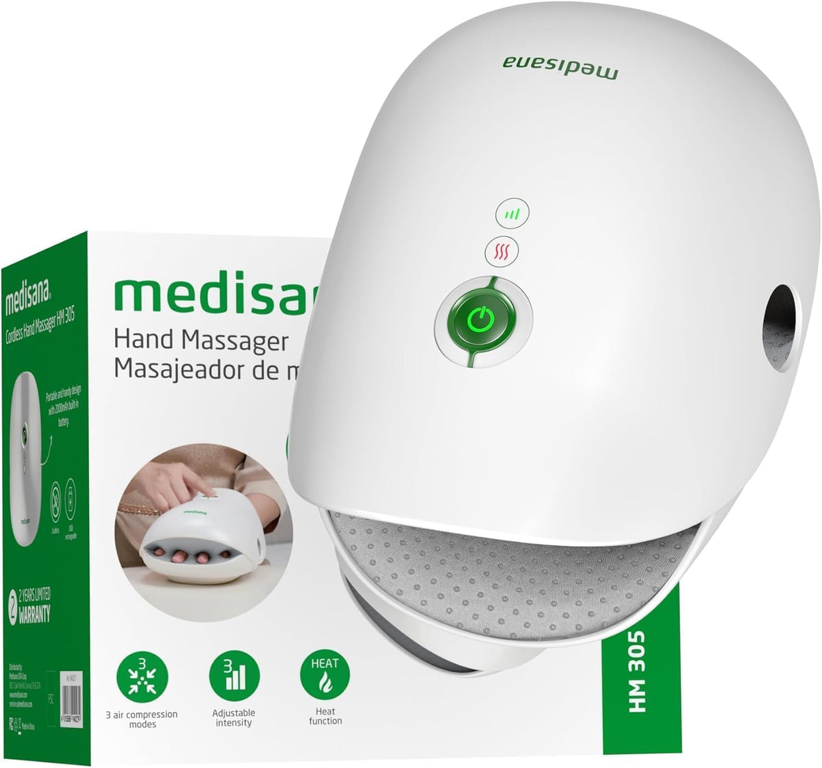 Medisana hand massager applying heat and compression to both hands
