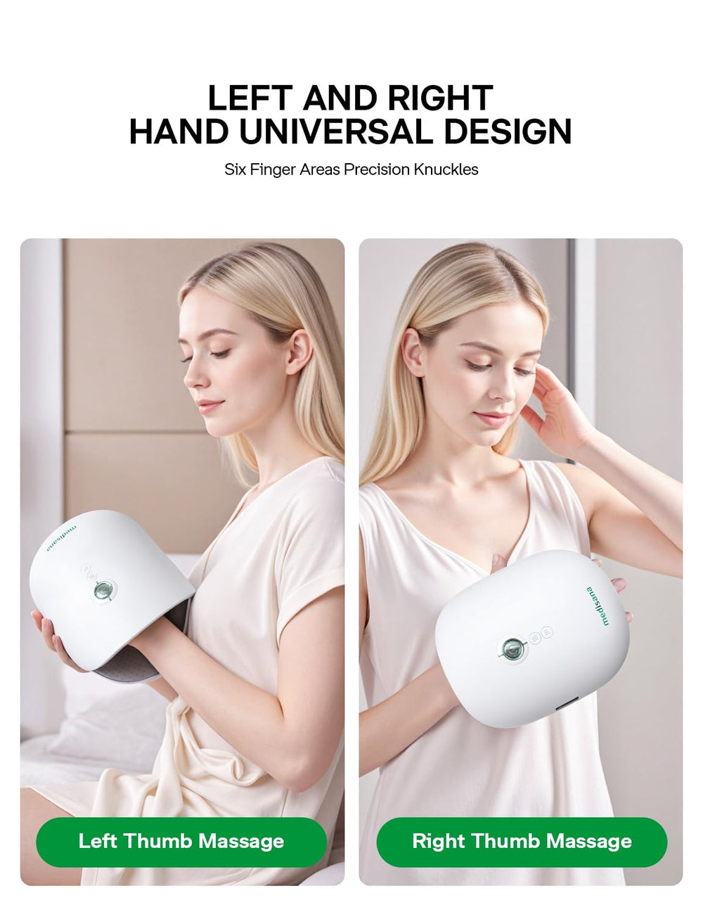 Medisana Hand Massager left-right chambers illustrate independent sides for balanced relief
