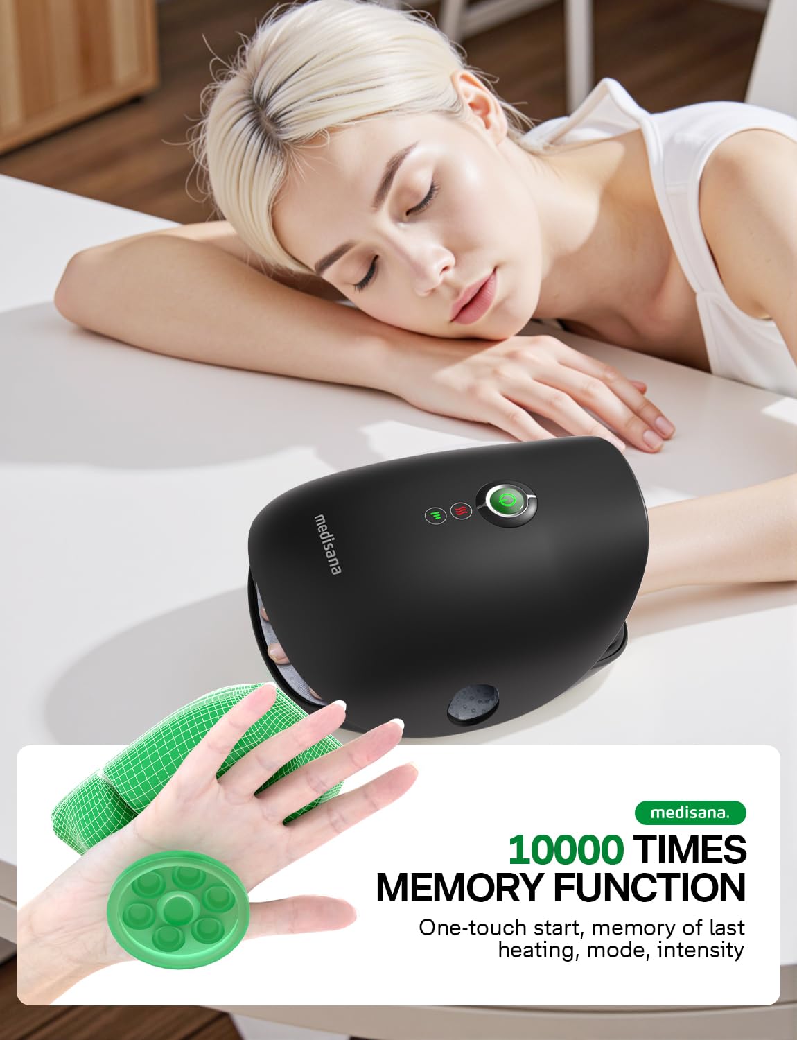 Medisana Hand Massager one-click start and 15-minute timer