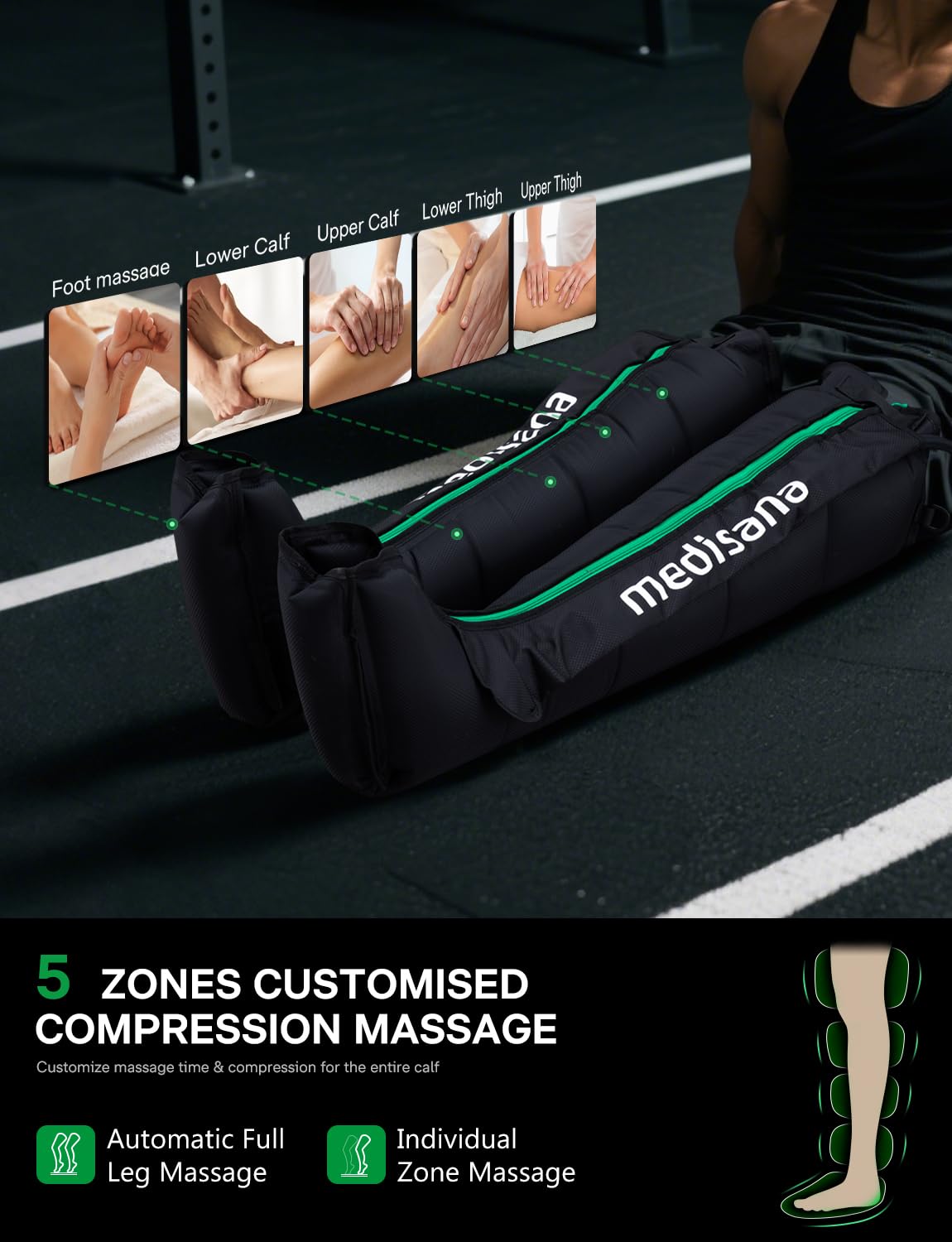 Medisana leg massager control with 7 intensities tailors compression.