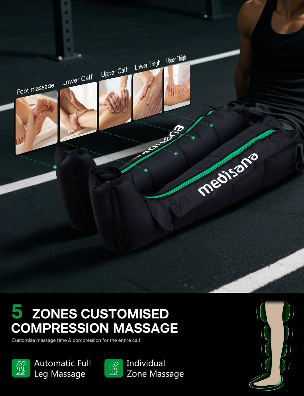 Medisana leg massager control with 7 intensities tailors compression.