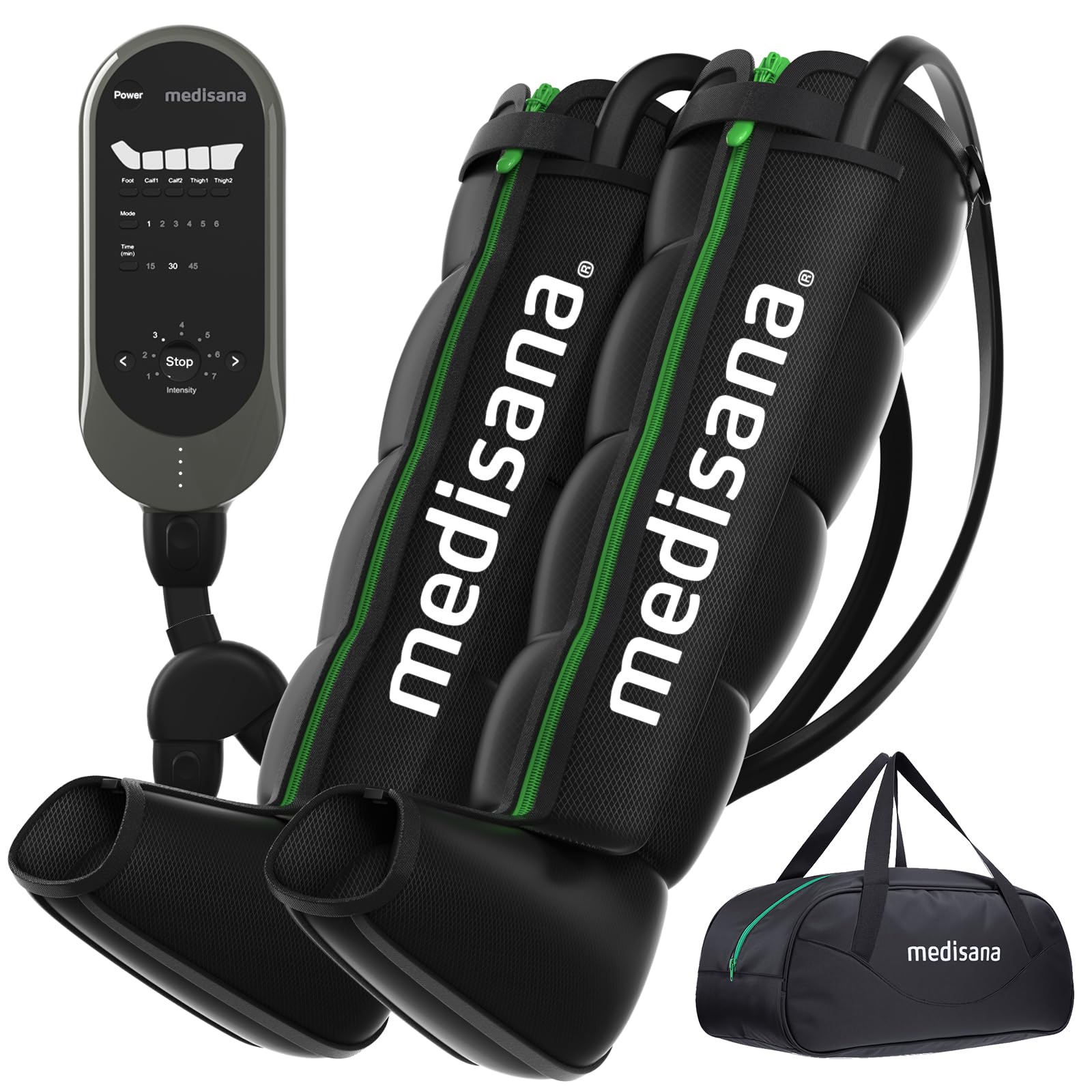 Medisana leg compression massager full-leg assembly targets feet to thighs for improved circulation.