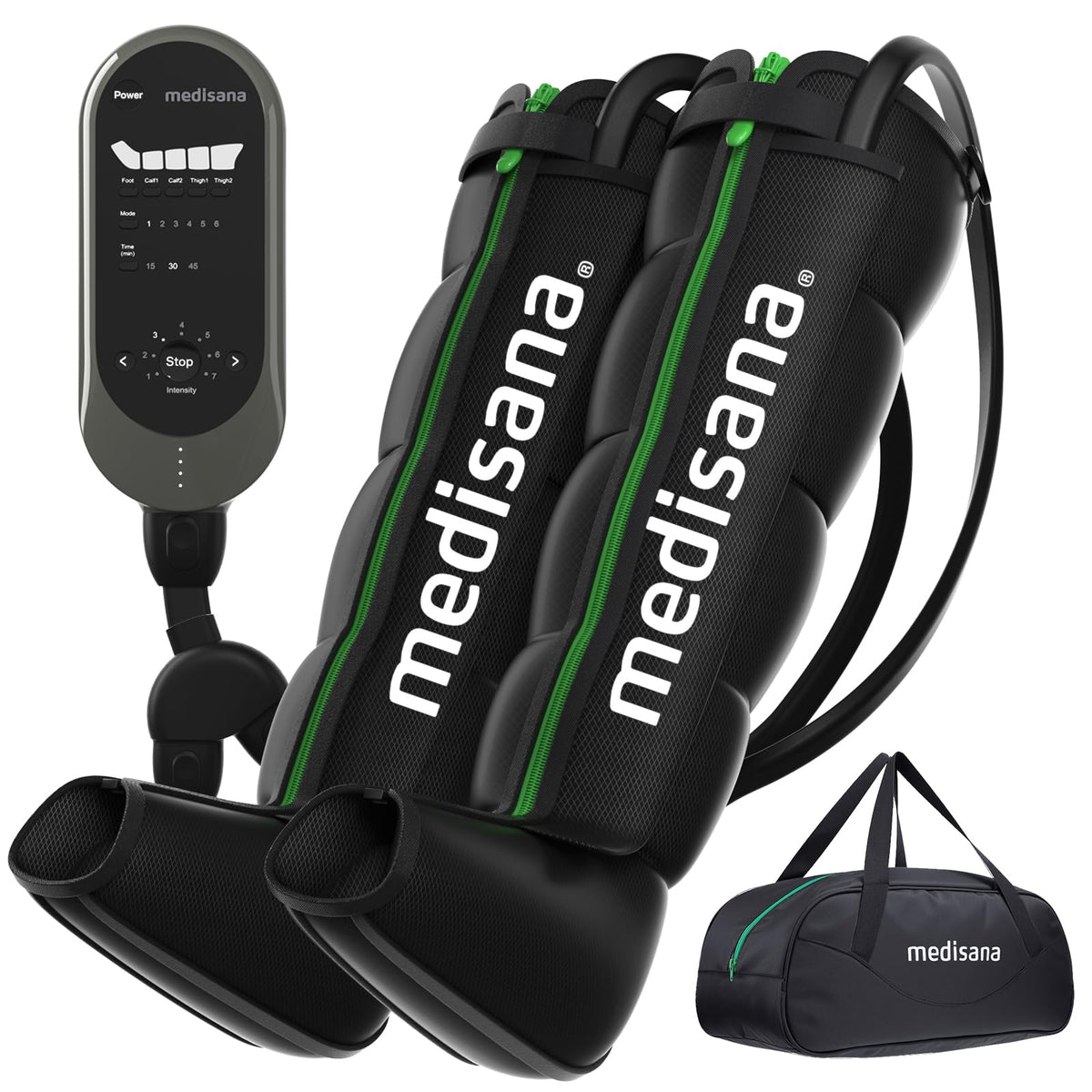 Medisana leg compression massager full-leg assembly targets feet to thighs for improved circulation.