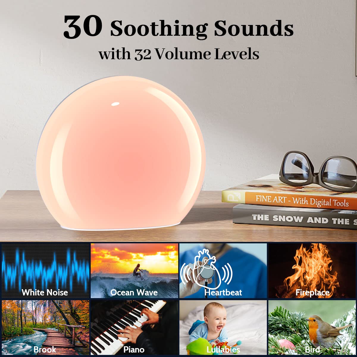 Meditation night light with 12 colors creating a warm bedtime atmosphere.