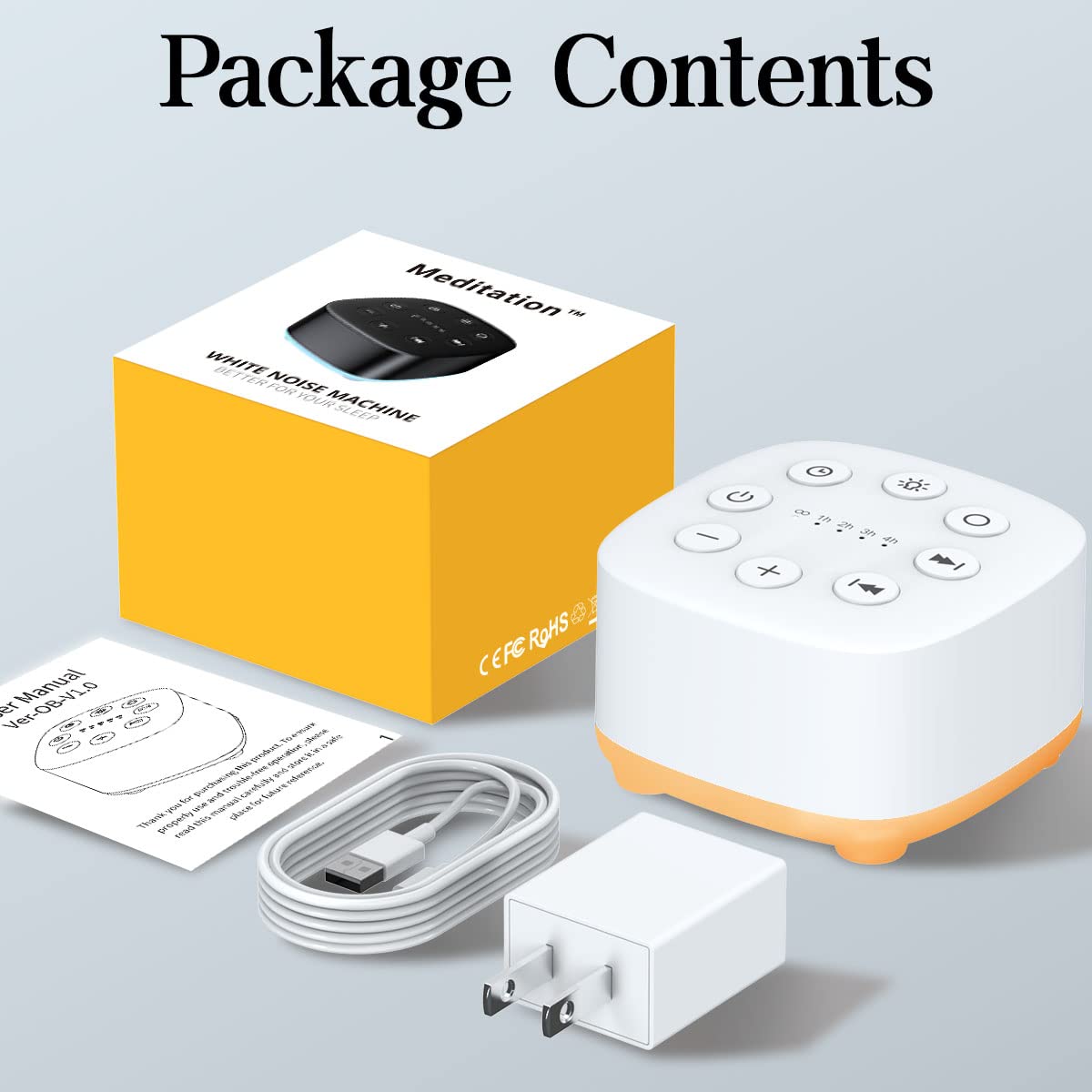 Meditation package includes AC adapter and USB cable for immediate setup