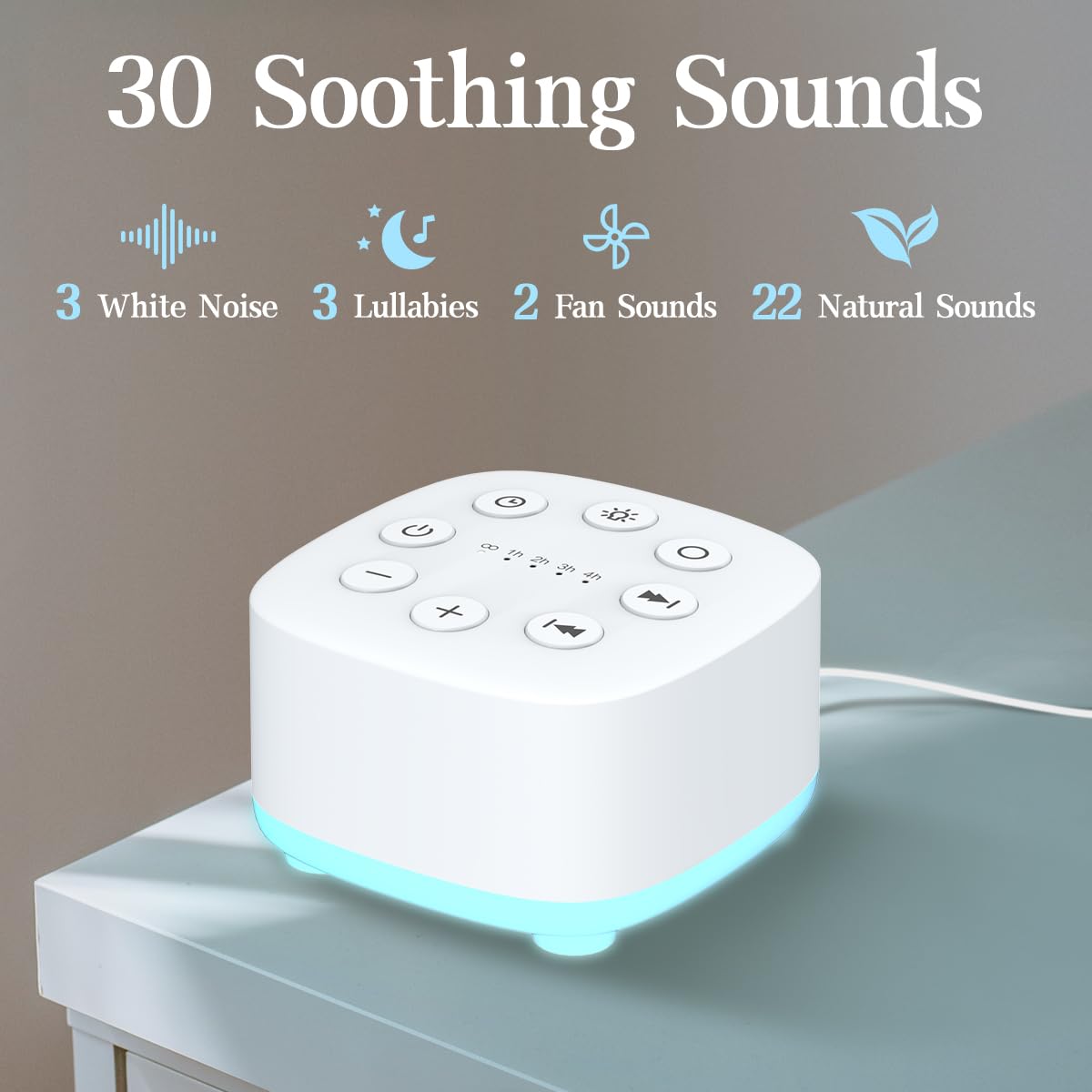 Meditation white noise machine side with control buttons for precise volume