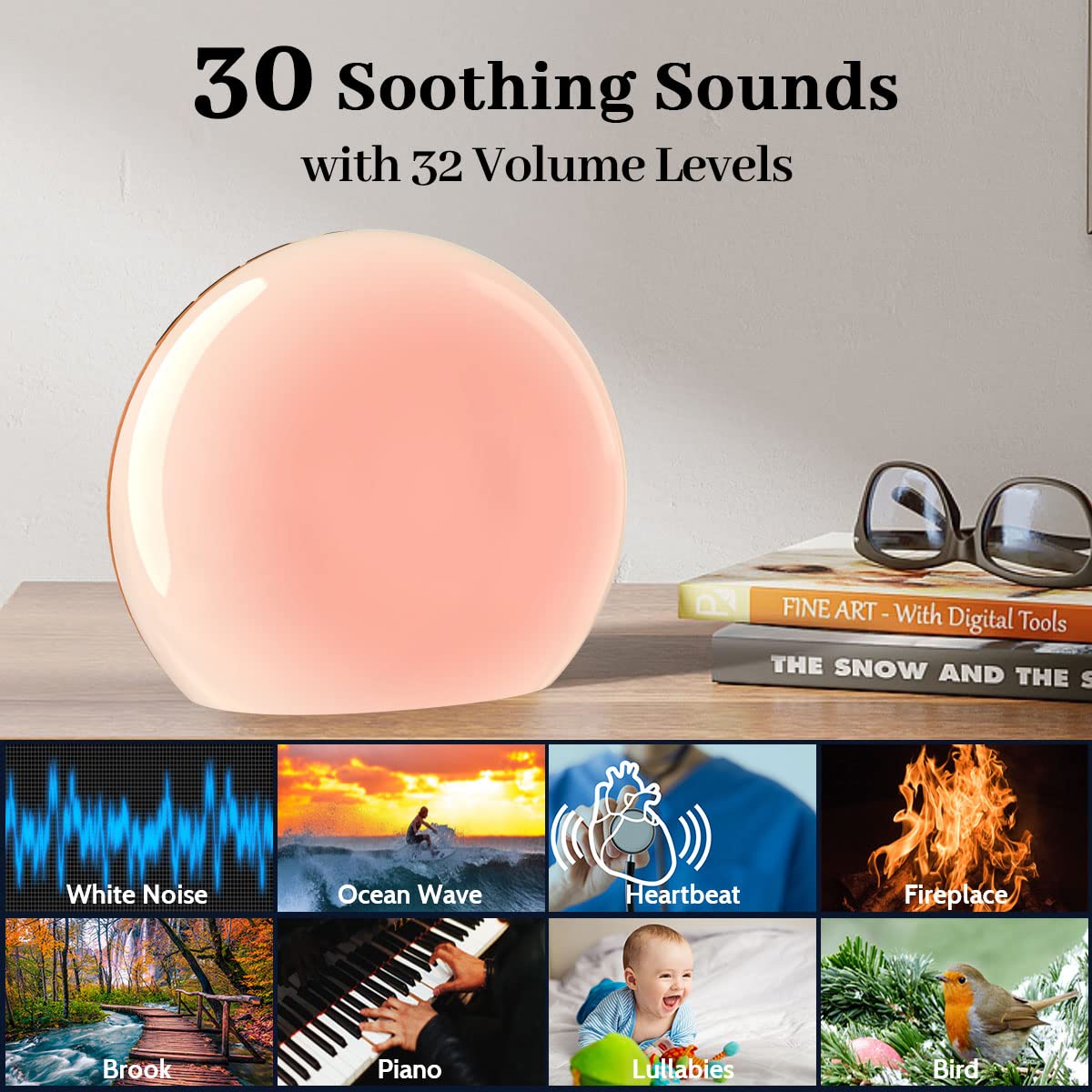 Meditation white noise device with 12-color night light creates bedtime ambiance.