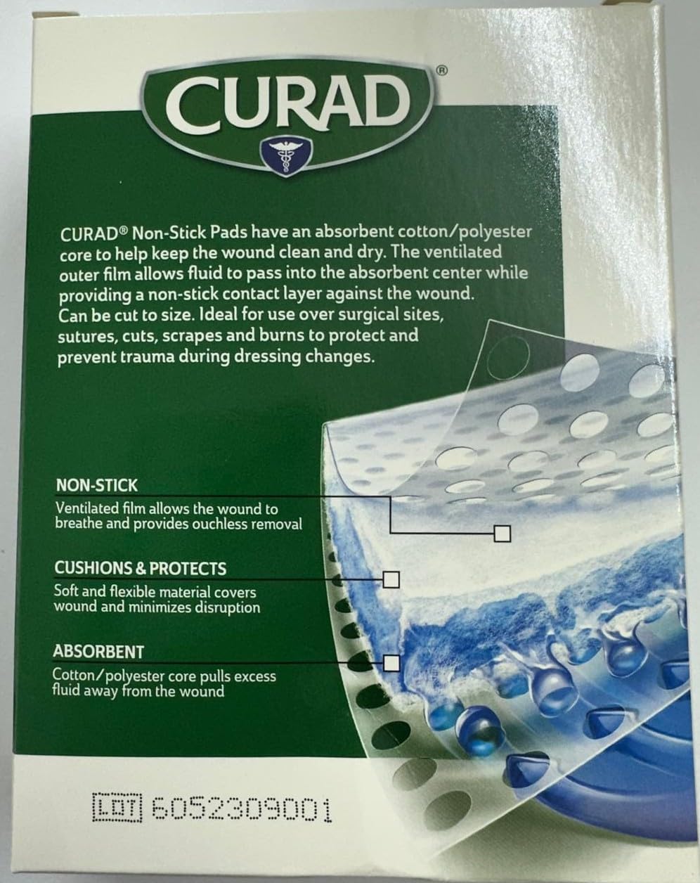 Medline Curad pad showing perforated film and absorbent core for wound protection and comfort.