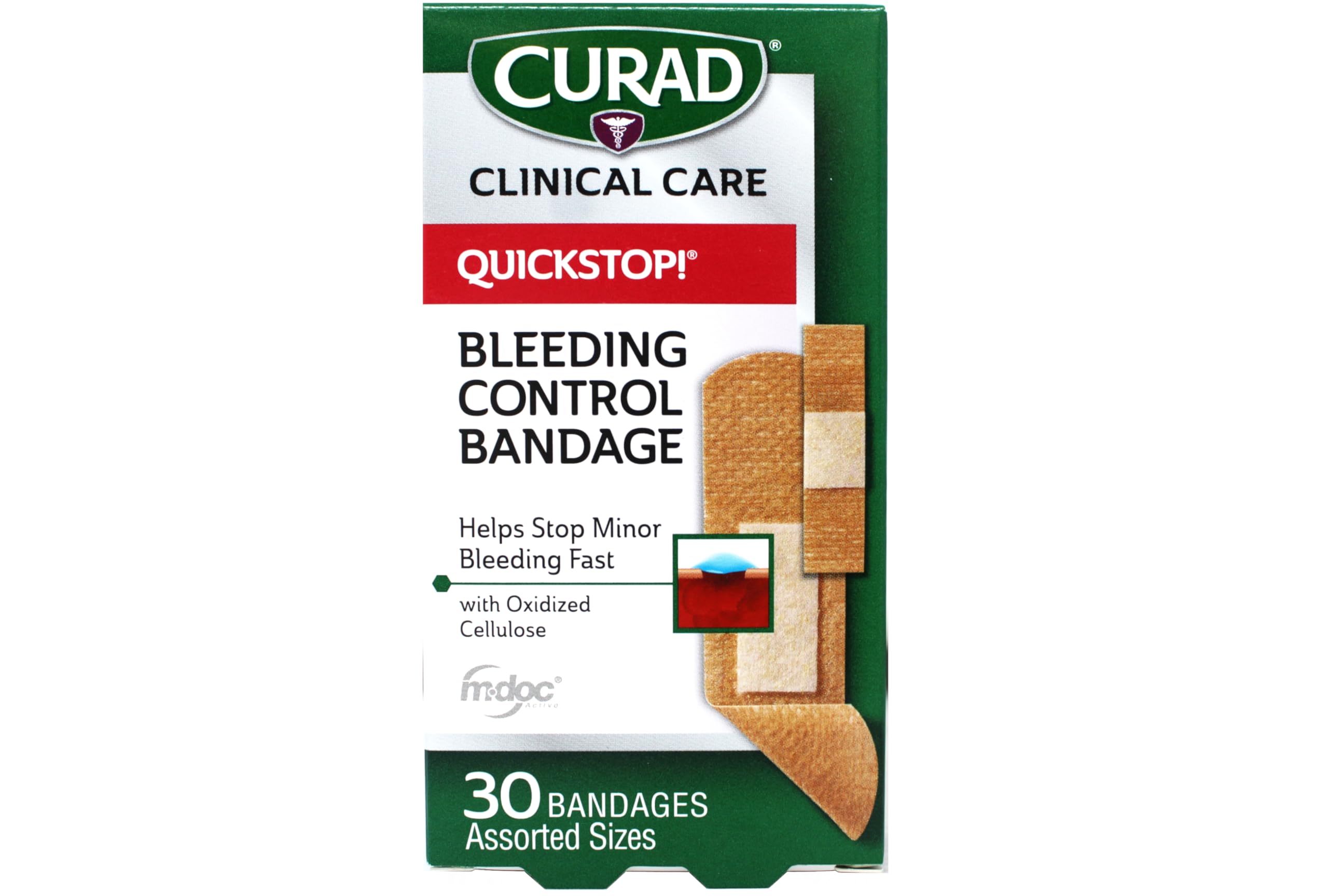 Medline Curad QuickStop Band A package close-up for assorted 30-count first aid needs.