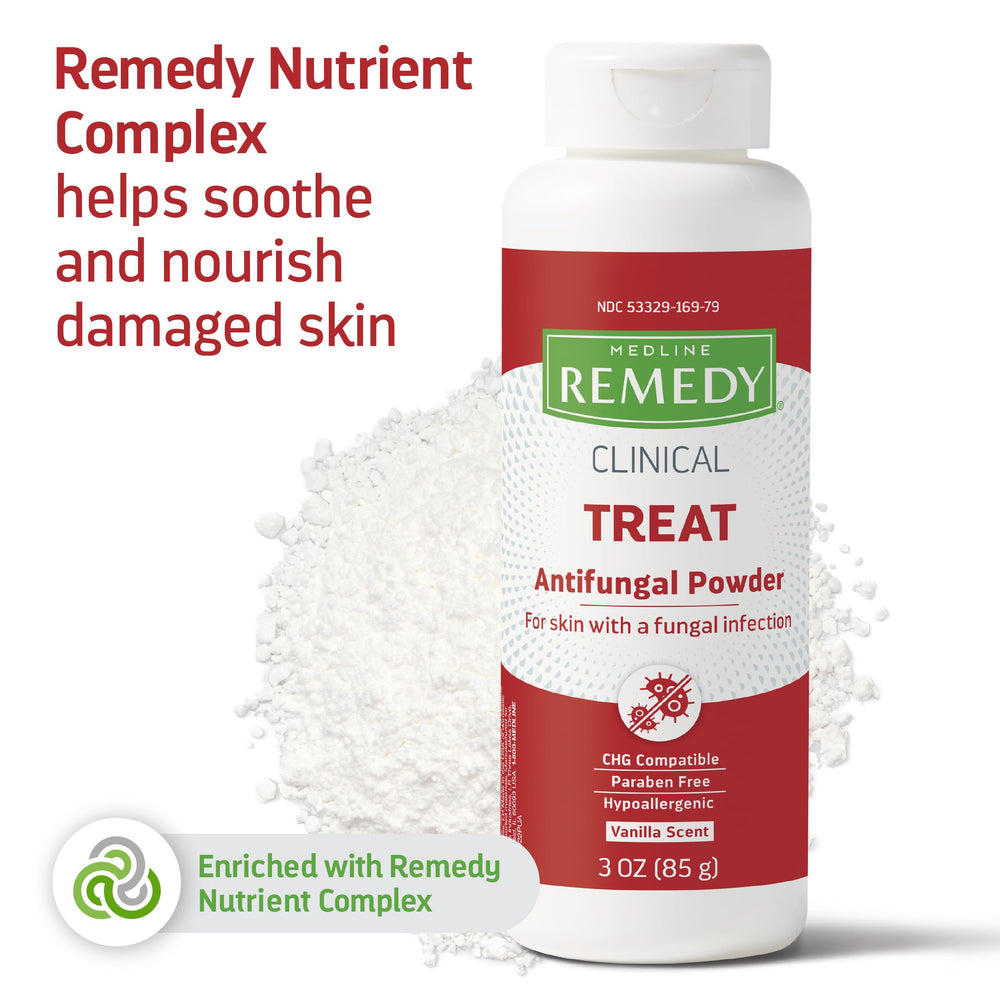 Medline Remedy antifungal powder being sprinkled on feet before wearing socks.