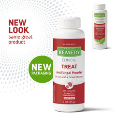 Medline Remedy antifungal powder dispensing action showing easy applicator for targeted relief.