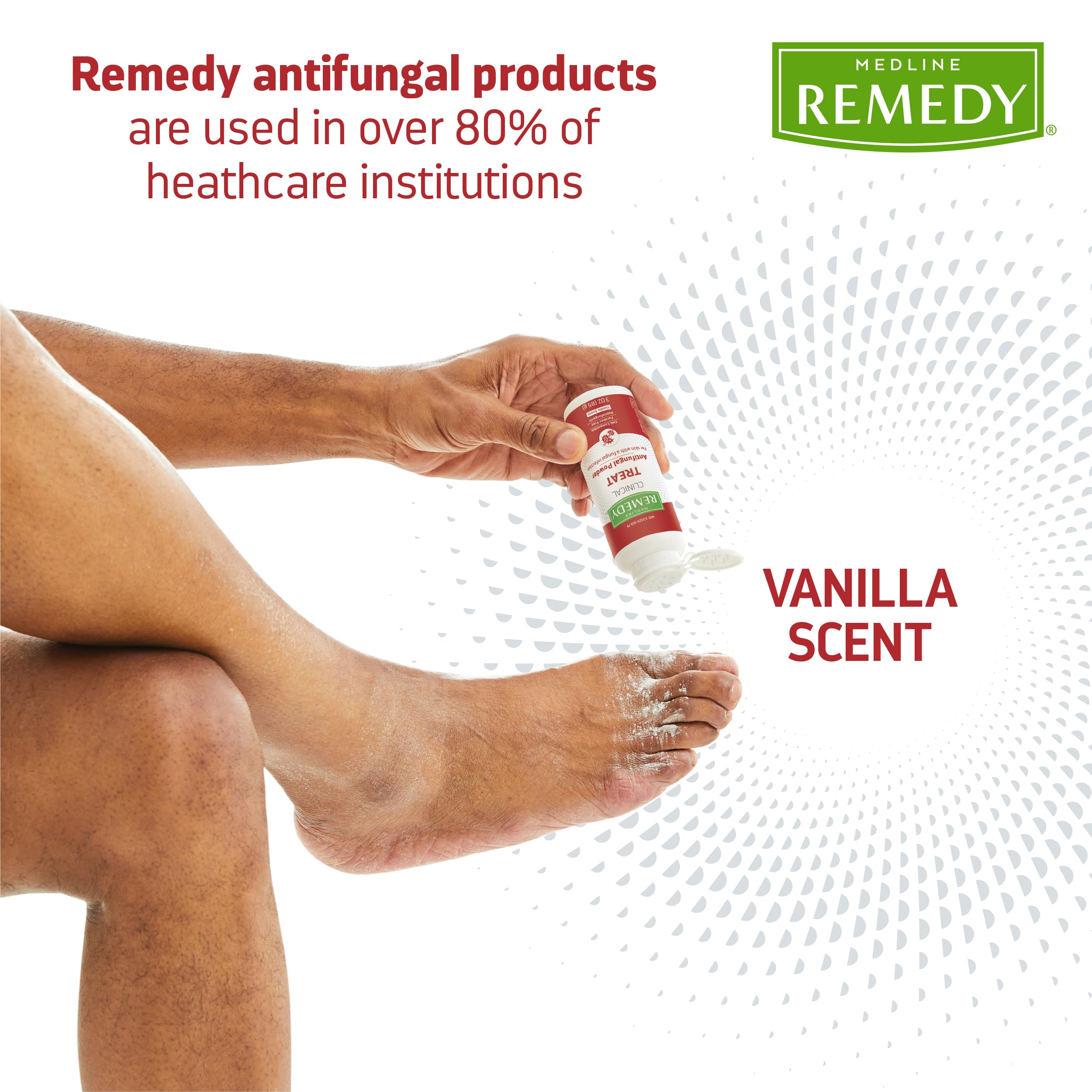 Medline Remedy antifungal powder texture close-up highlighting talc-free, free-flowing formula.