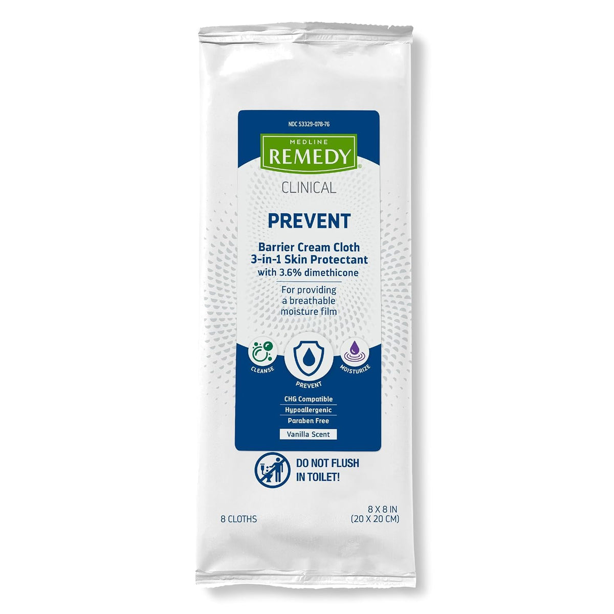 Medline Remedy Clinical 3-in-1 Barrier Cloths packaging with vanilla scent for on-the-go care