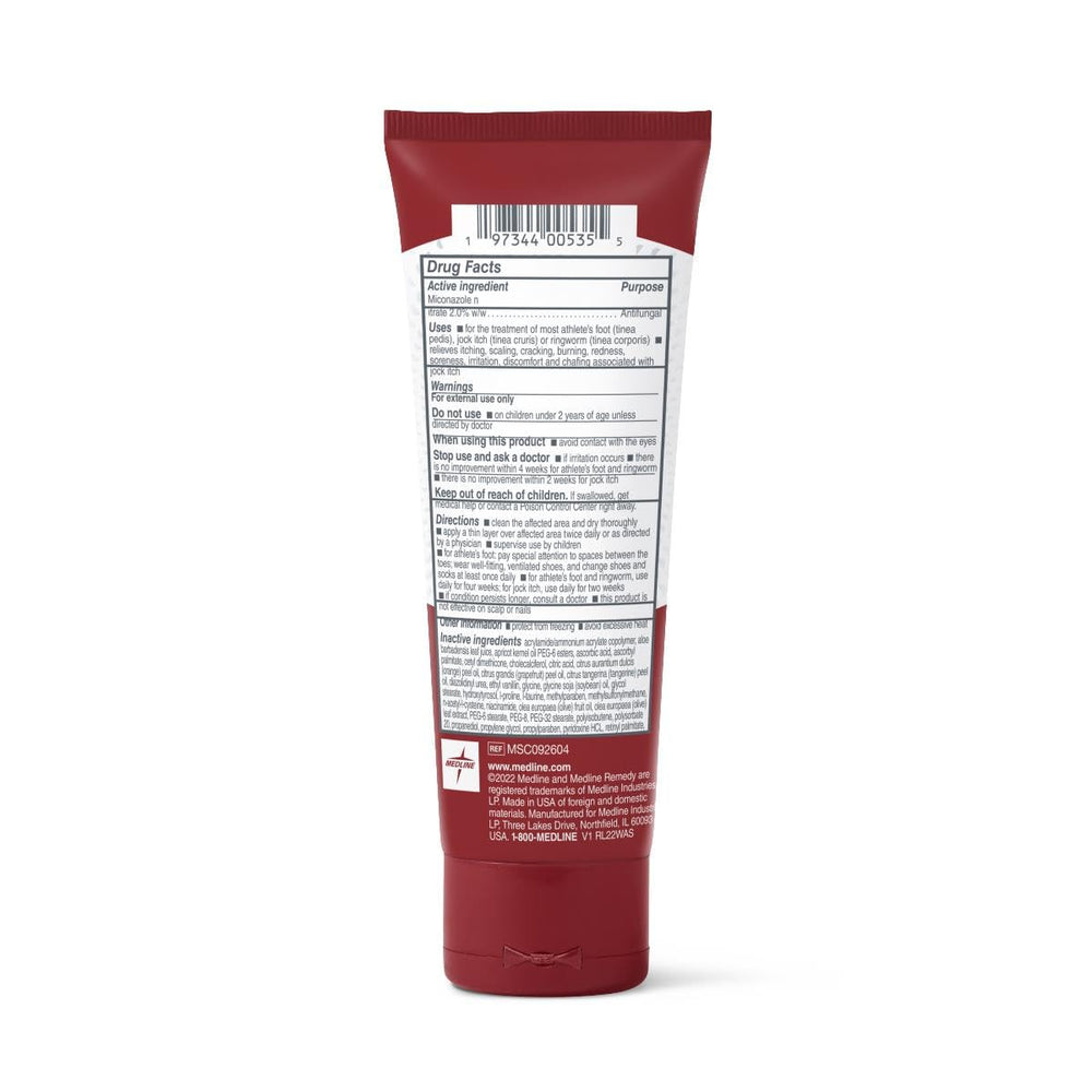 Medline Remedy Clinical Antifungal Cream tube close-up showing application for skin relief.
