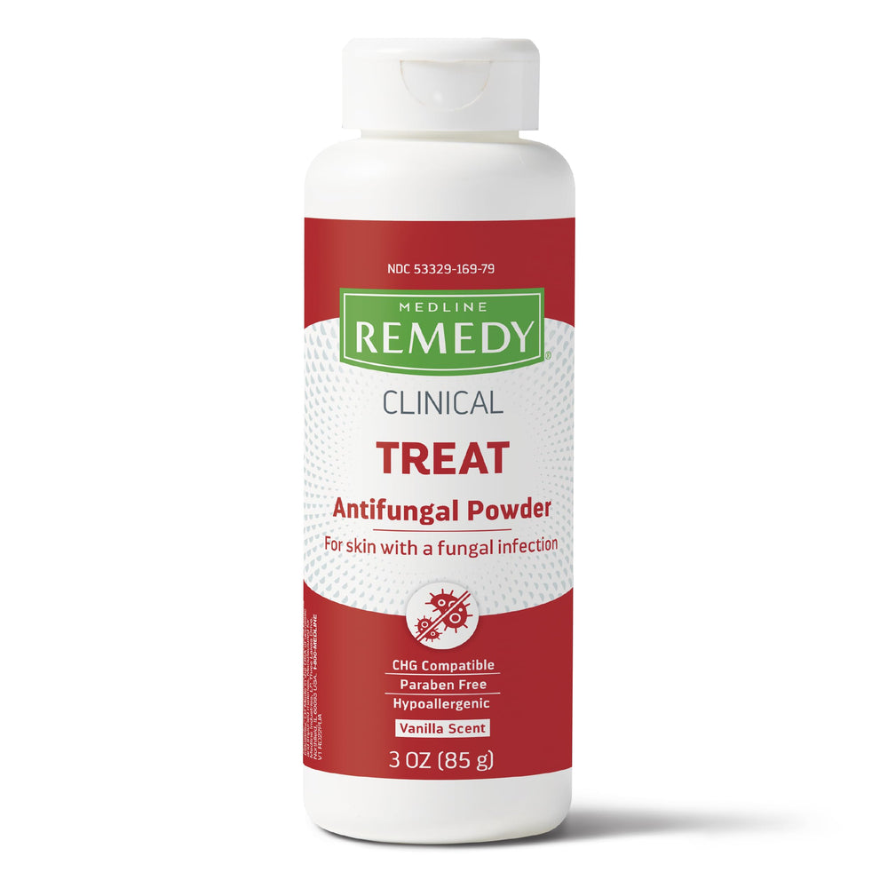 Medline Remedy clinical antifungal powder vanilla bottle for feet and skin folds to ease irritation.