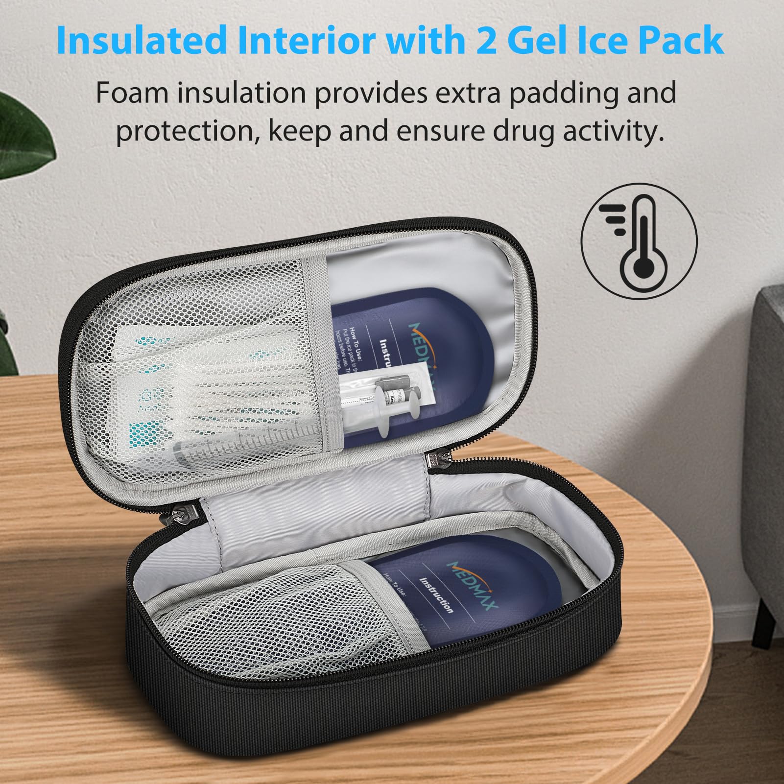 MEDMAX insulin cooler travel case side pocket demonstrates extra storage flexibility