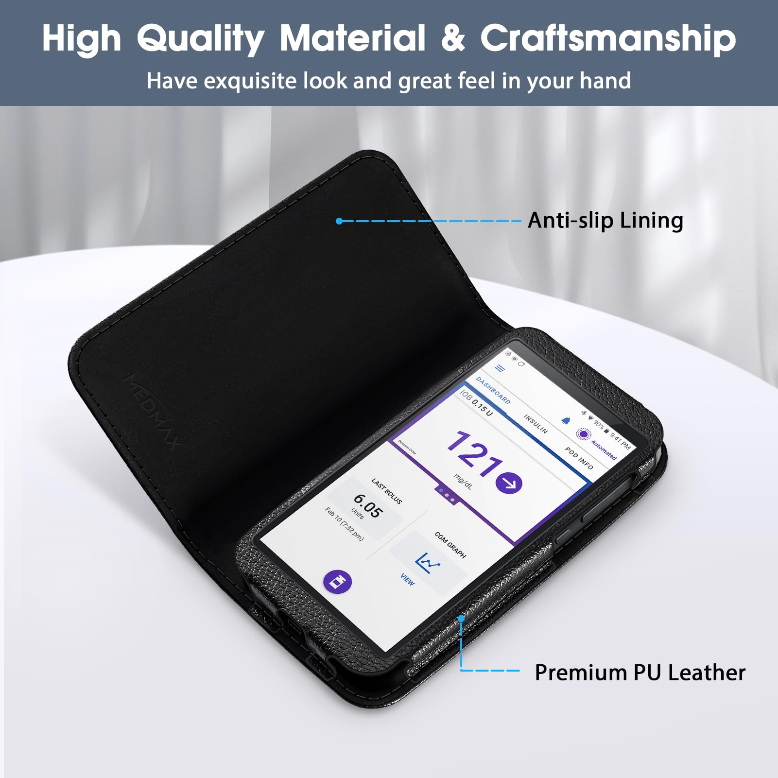 MEDMAX Omnipod 5 case side cutouts—easy access to buttons and ports.