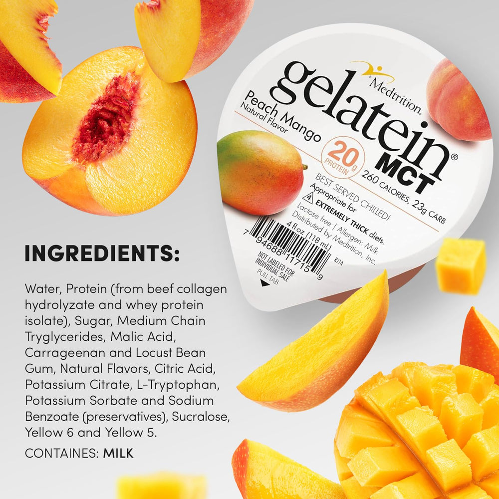Medtrition Gelatein MCT Peach Mango in a serving cup, lactose-free and gluten-free
