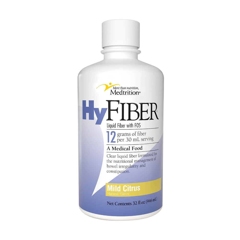 Medtrition HyFiber Daily bottle pouring into a glass for easy daily fiber intake.