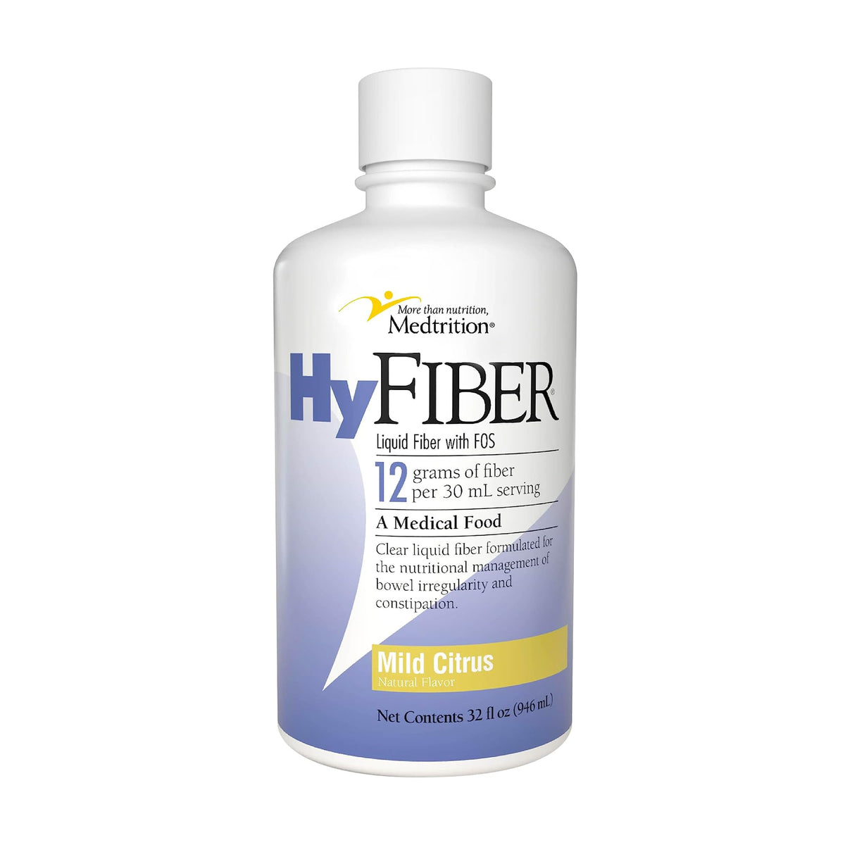 Medtrition HyFiber Daily bottle pouring into a glass for easy daily fiber intake.